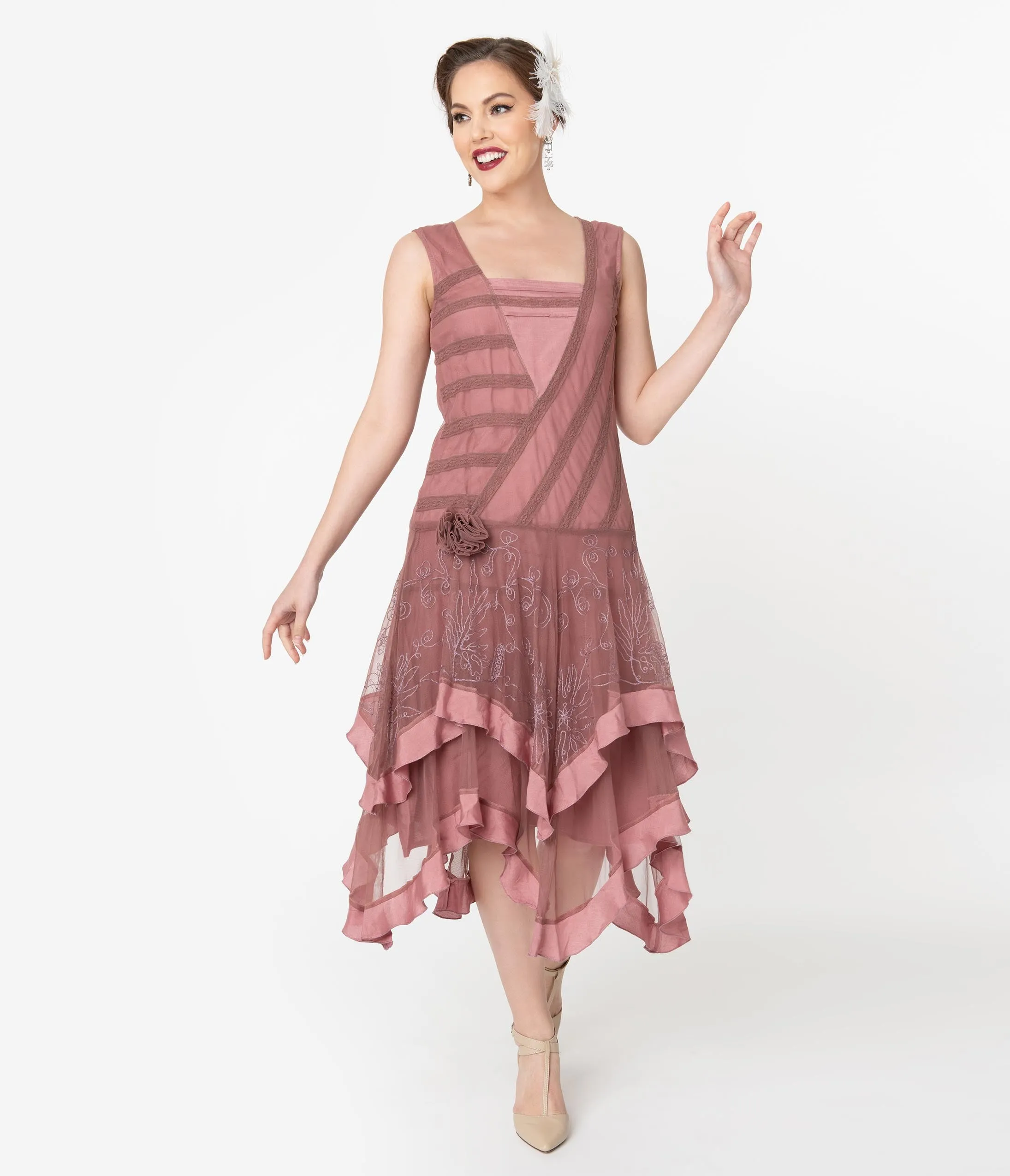 1920s Style Mauve Pink Mesh Embroidered Charley Flapper Dress