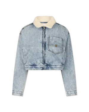 Bi Material Shearling Collar Cropped Denim Jacket