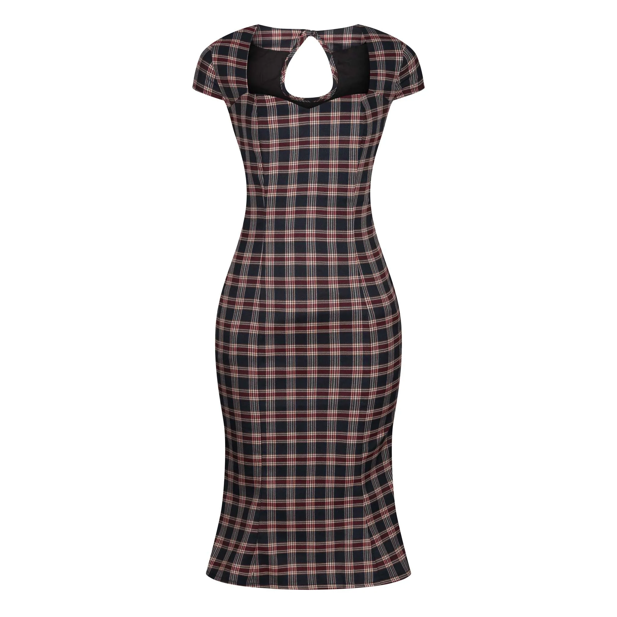 Black & Red Tartan Check Capped Sleeve Peplum Pencil Dress