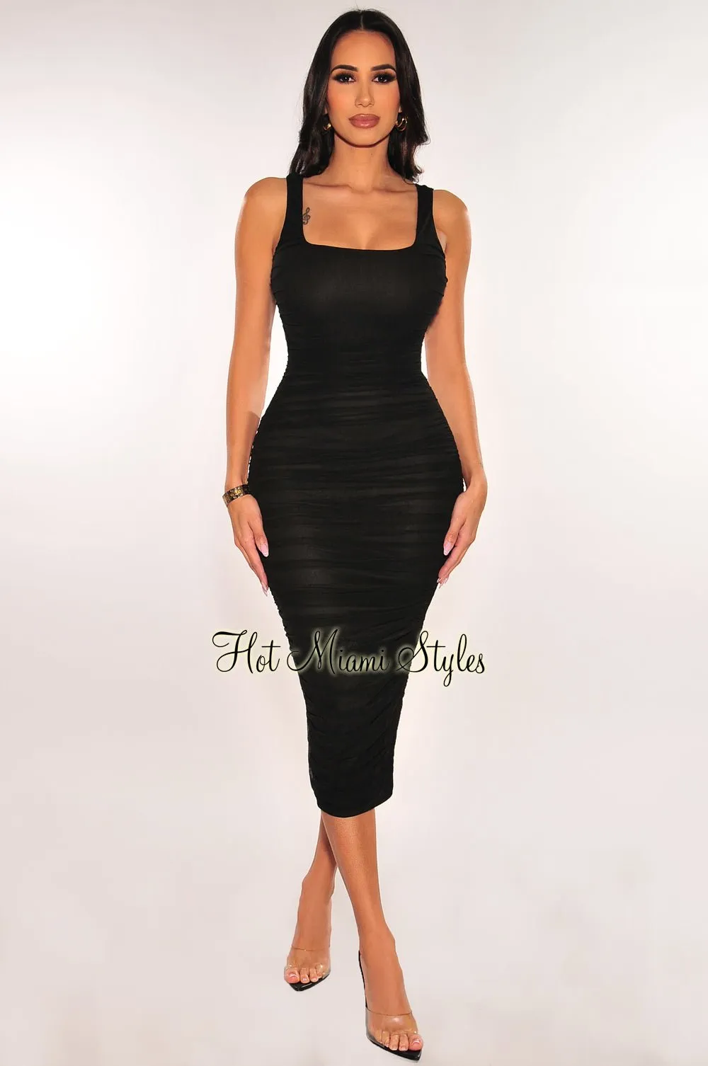 Black Mesh Square Neck Sleeveless Ruched Slit Dress