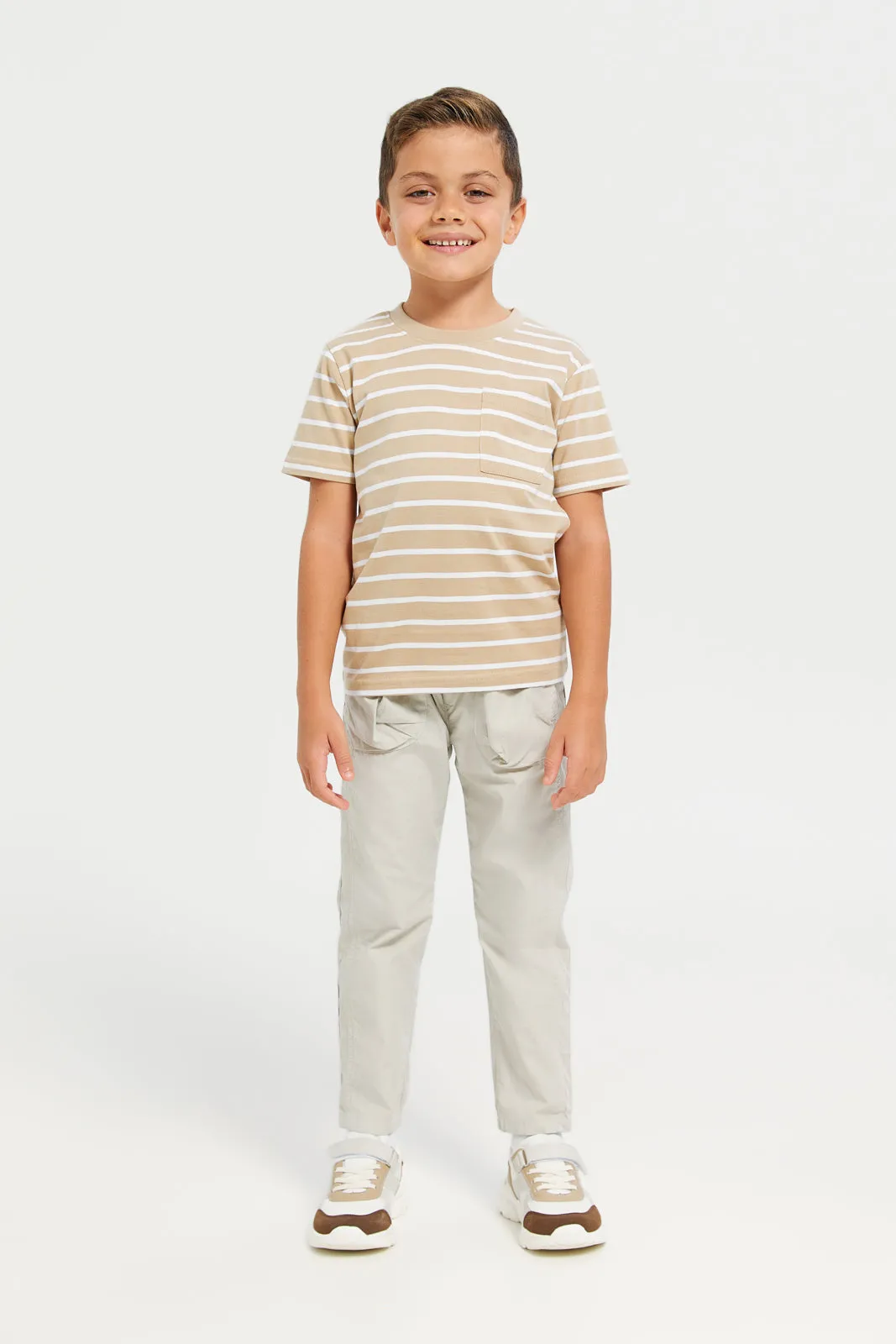 Boys Beige And White Striped T-Shirt