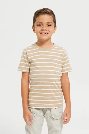 Boys Beige And White Striped T-Shirt