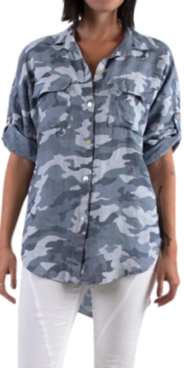 Camo Linen Button Down Top