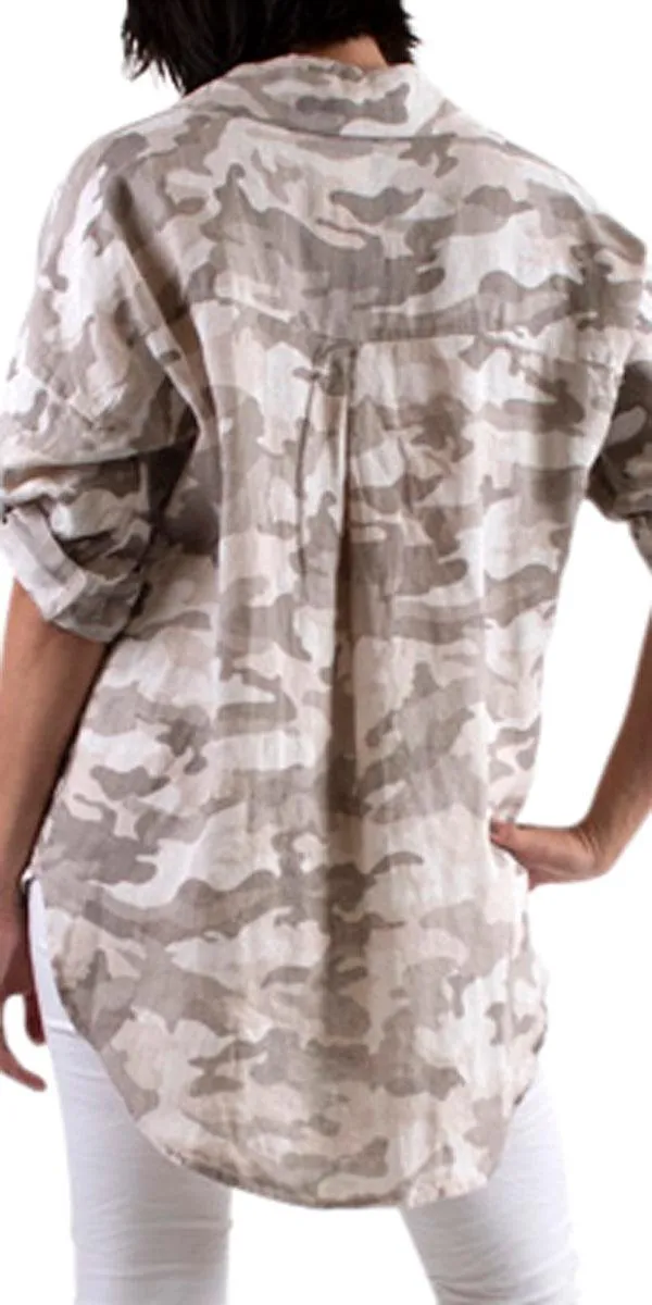 Camo Linen Button Down Top