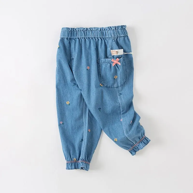 Daisy Embroidery Ribbon Pocket Girl Blue Jeans