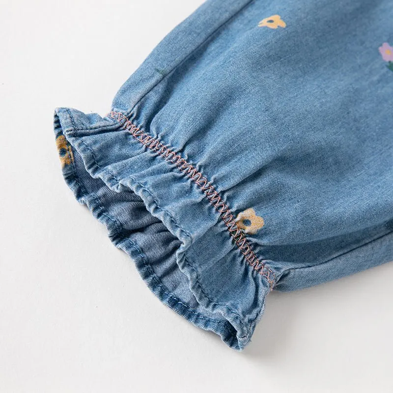 Daisy Embroidery Ribbon Pocket Girl Blue Jeans