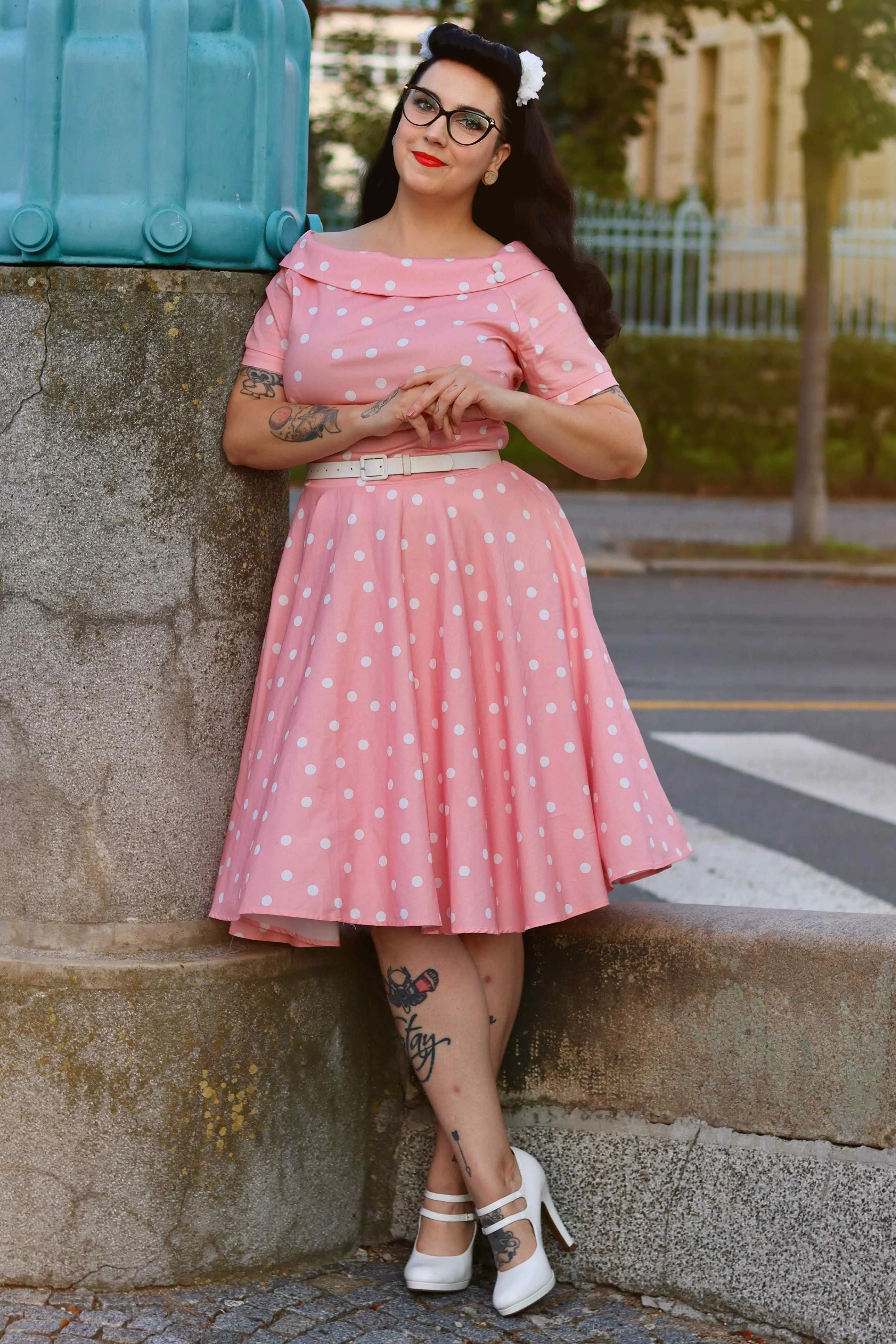 Darlene White Polka Dot Dress In Baby Pink