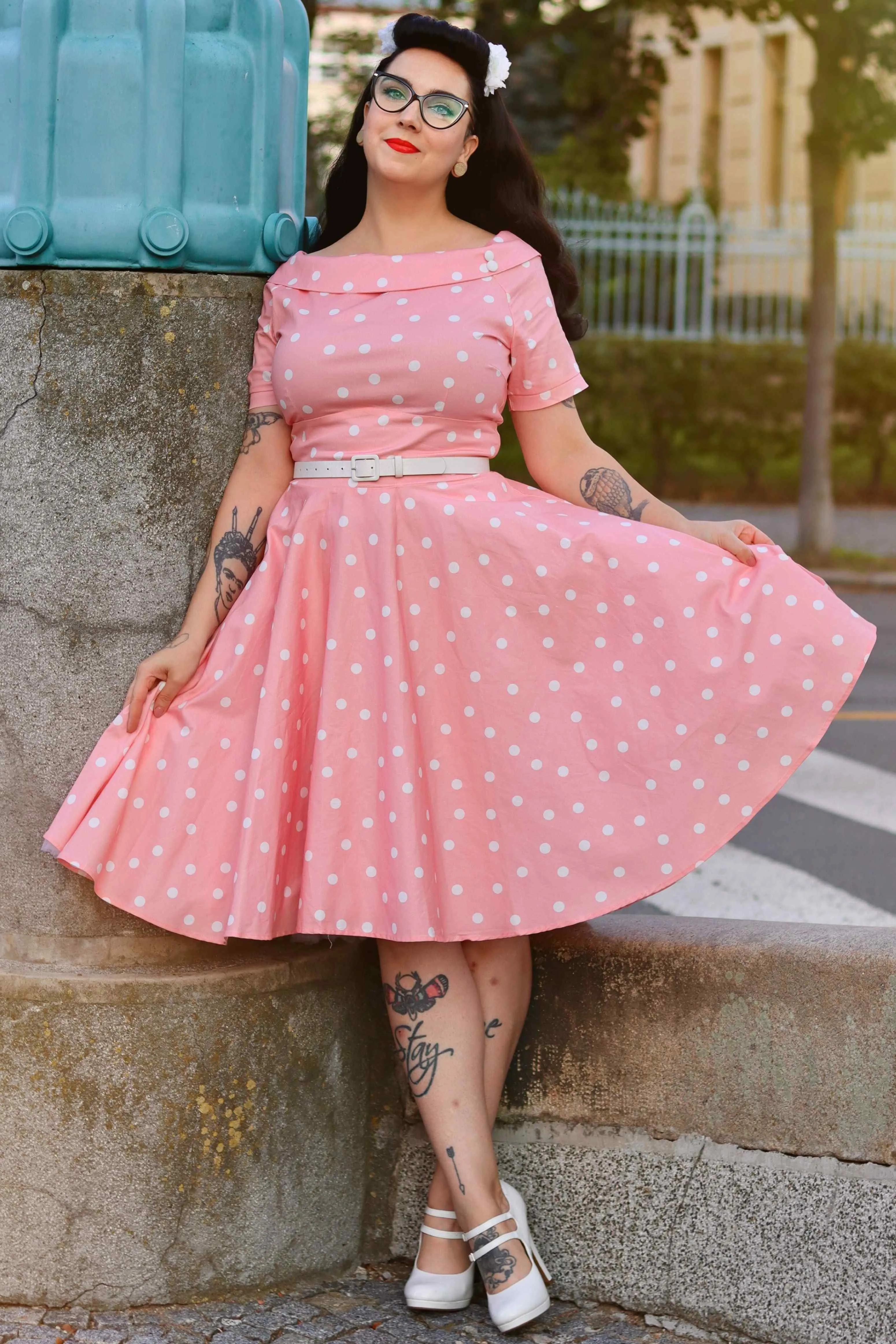 Darlene White Polka Dot Dress In Baby Pink