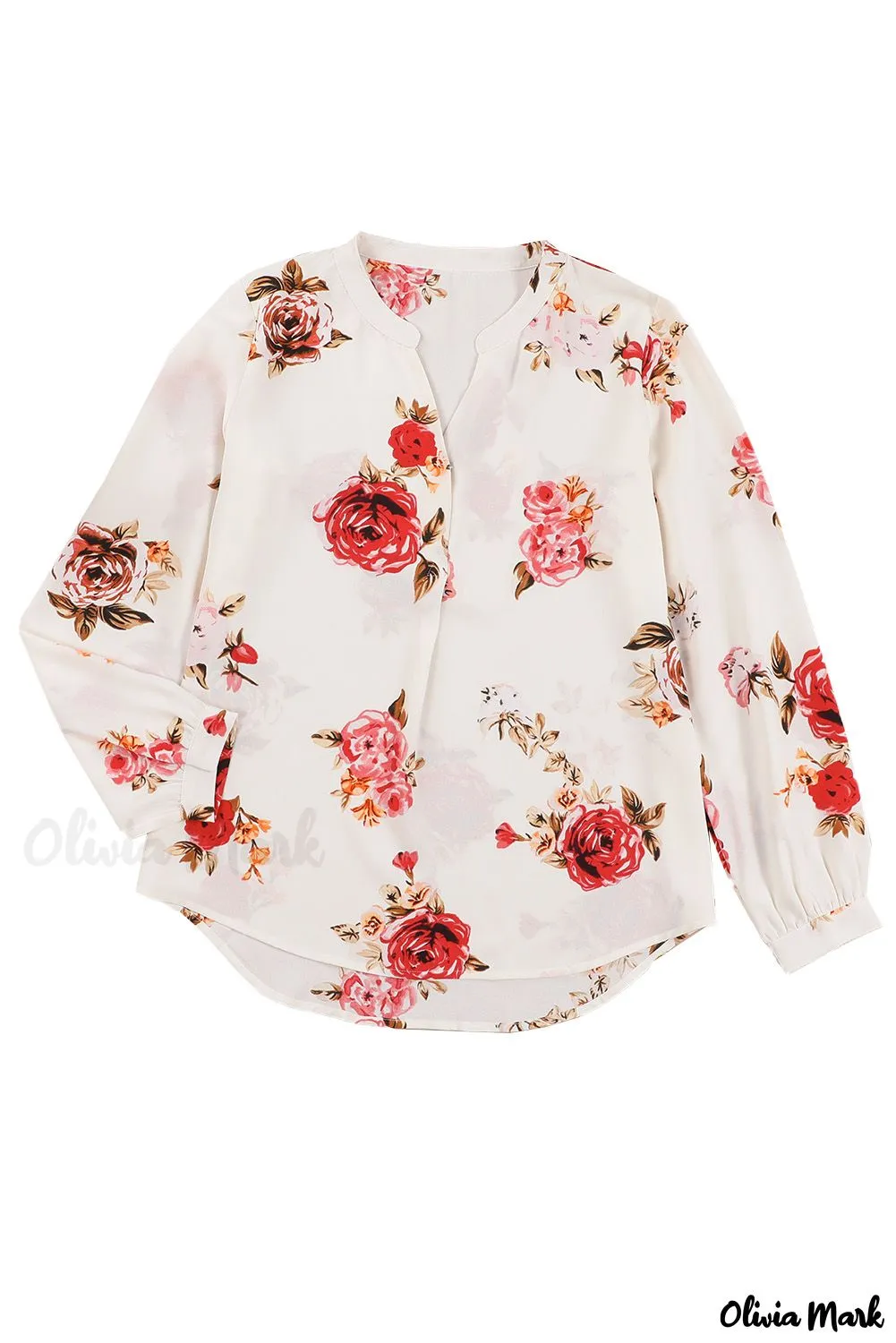 Deanwangkt - Beige Floral Print V-Neck Button Down Blouse