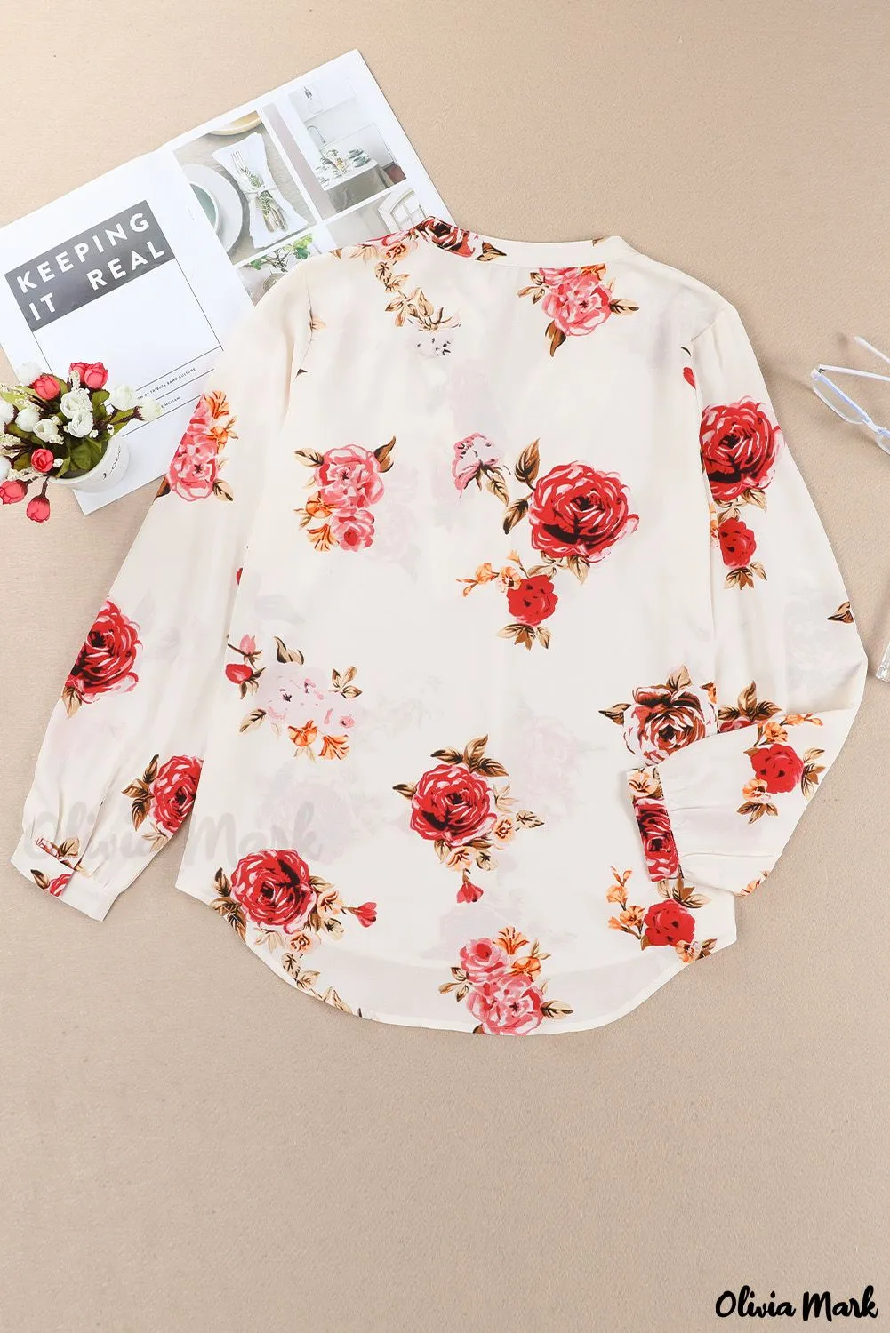 Deanwangkt - Beige Floral Print V-Neck Button Down Blouse