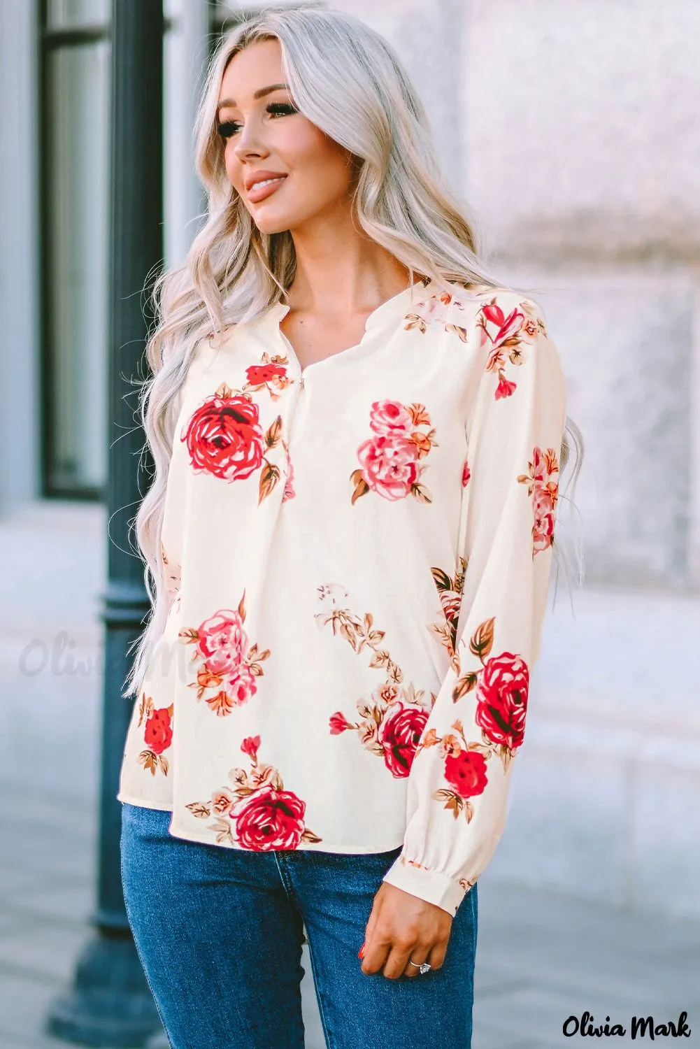 Deanwangkt - Beige Floral Print V-Neck Button Down Blouse