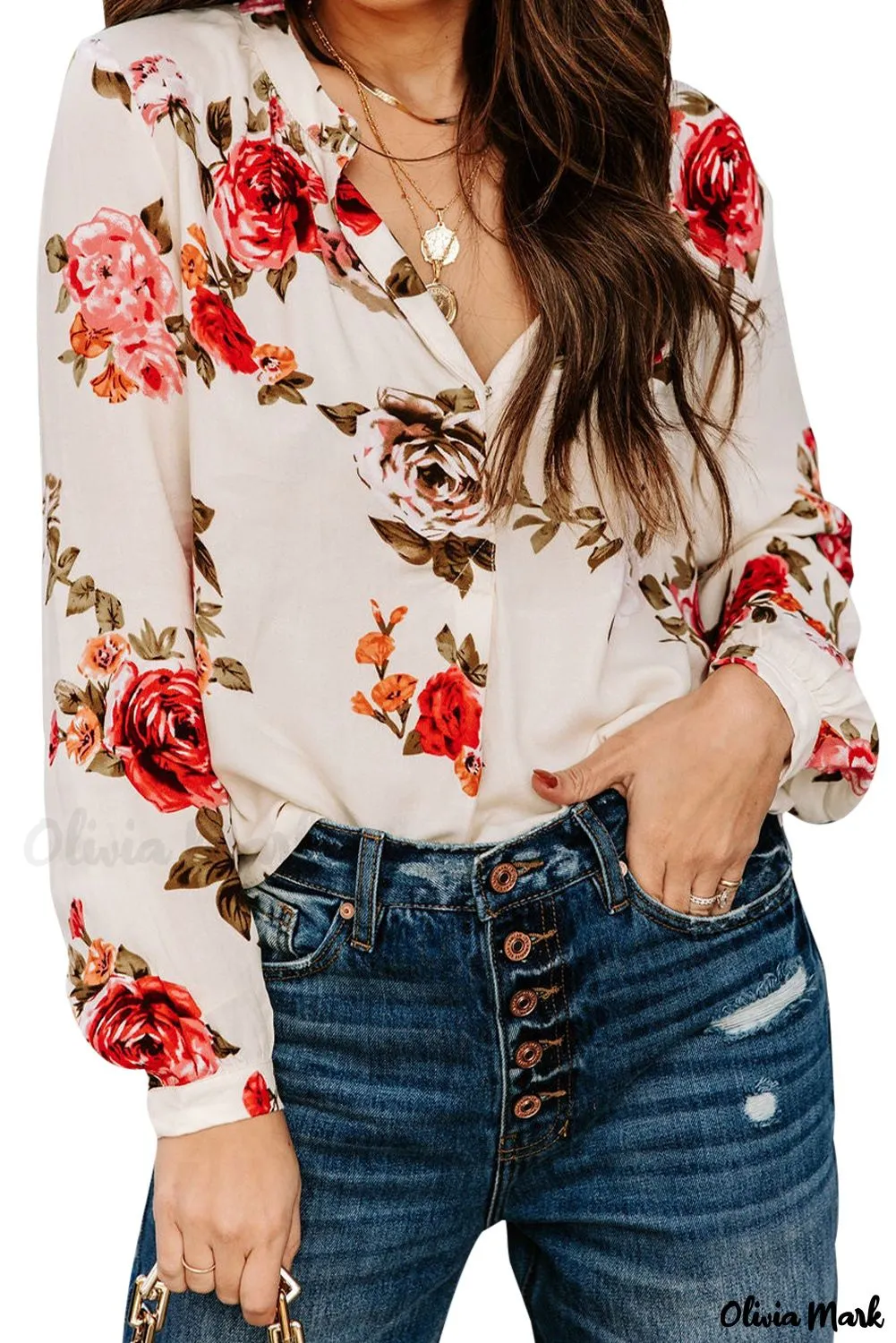 Deanwangkt - Beige Floral Print V-Neck Button Down Blouse