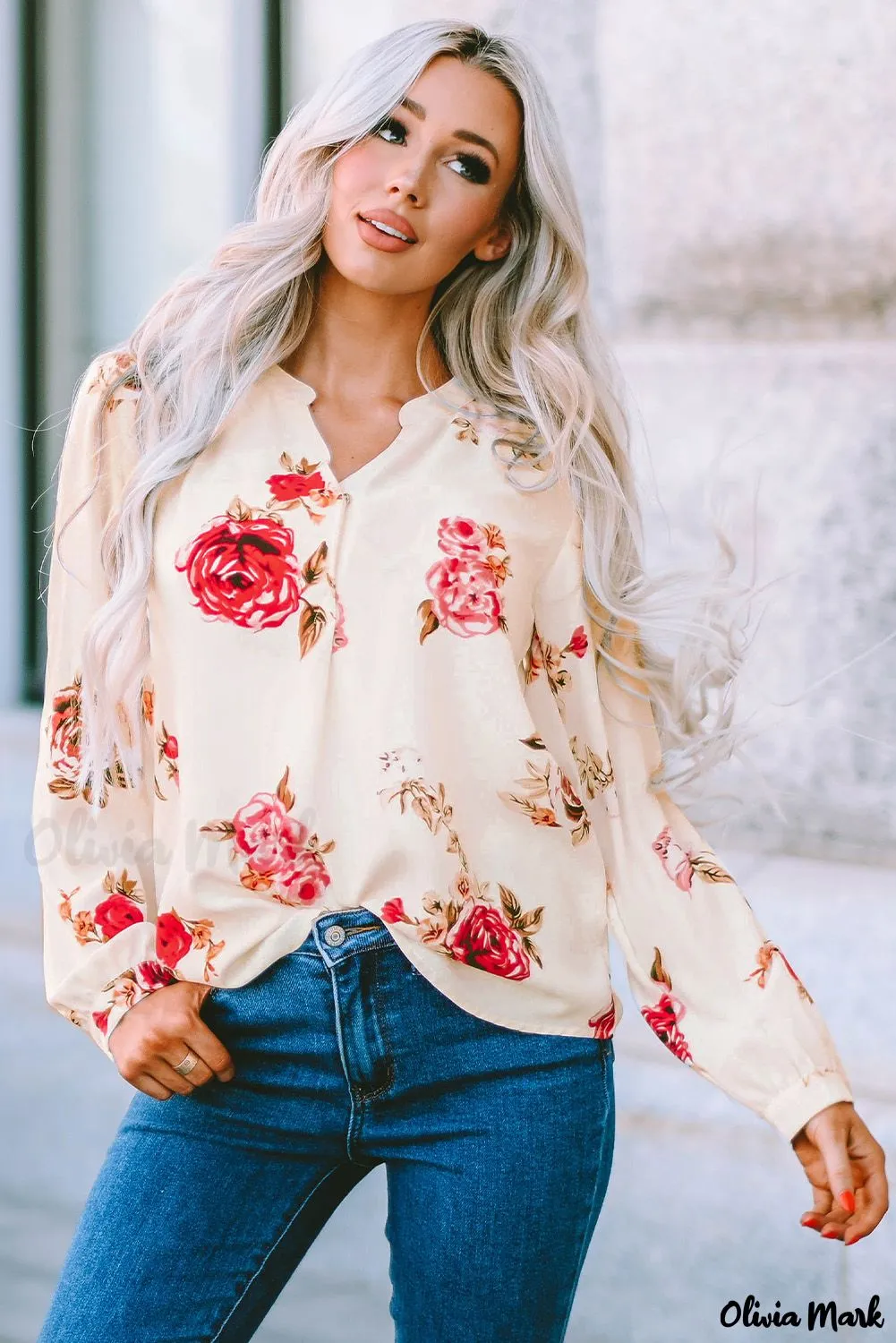 Deanwangkt - Beige Floral Print V-Neck Button Down Blouse