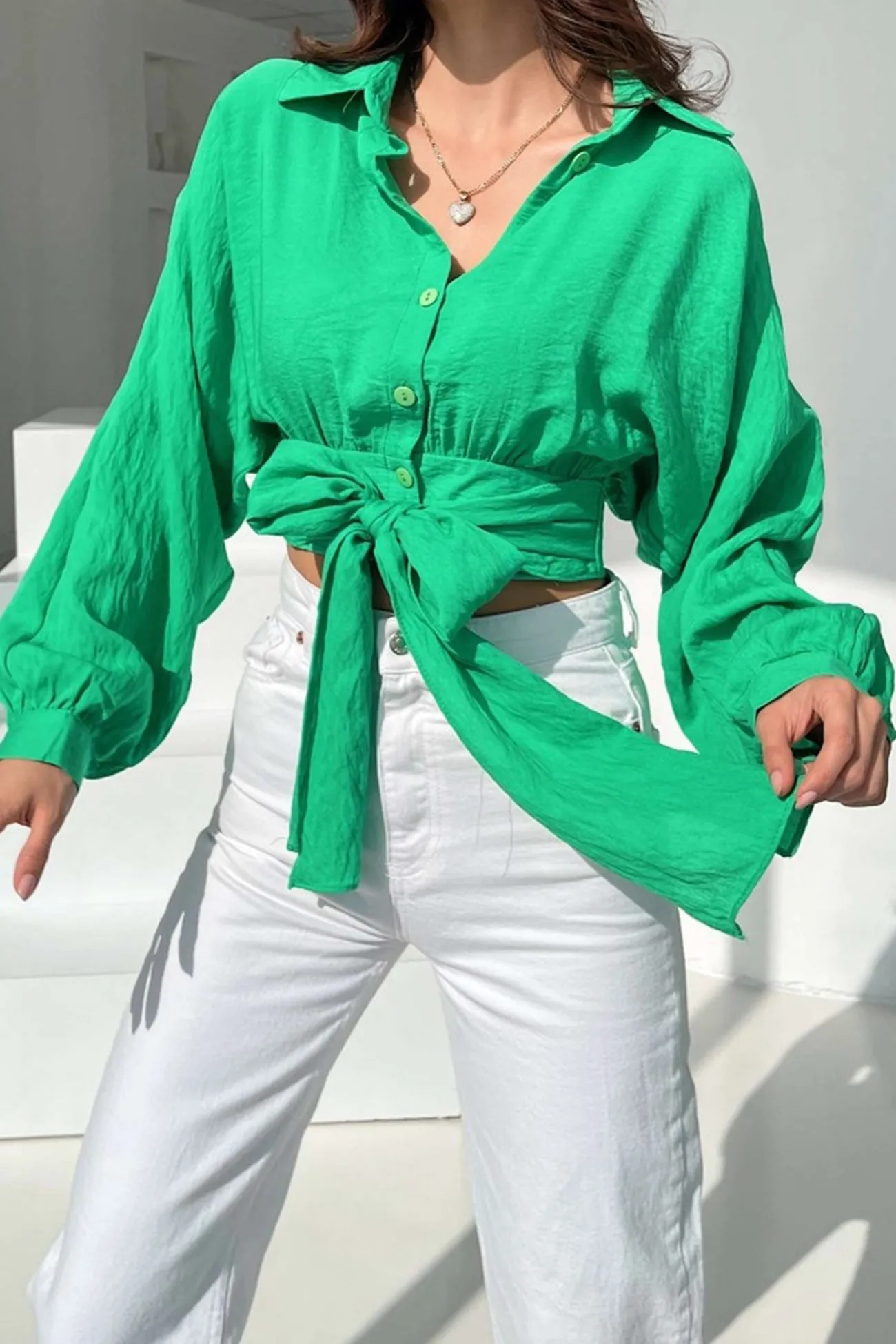 Dolman Sleeve Tie-up Cropped Blouse