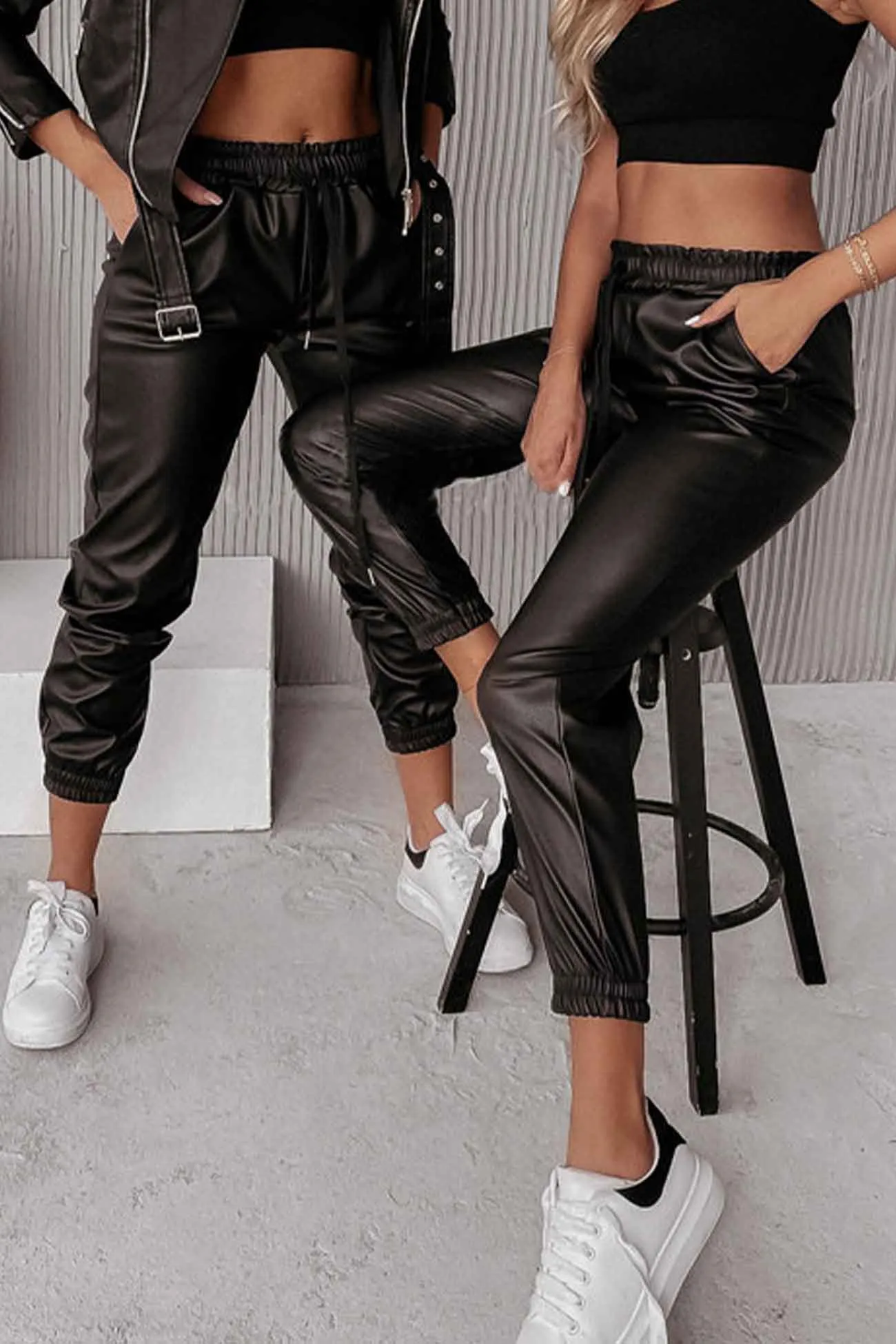 Drawstring Pocket Leather Jogger Pants