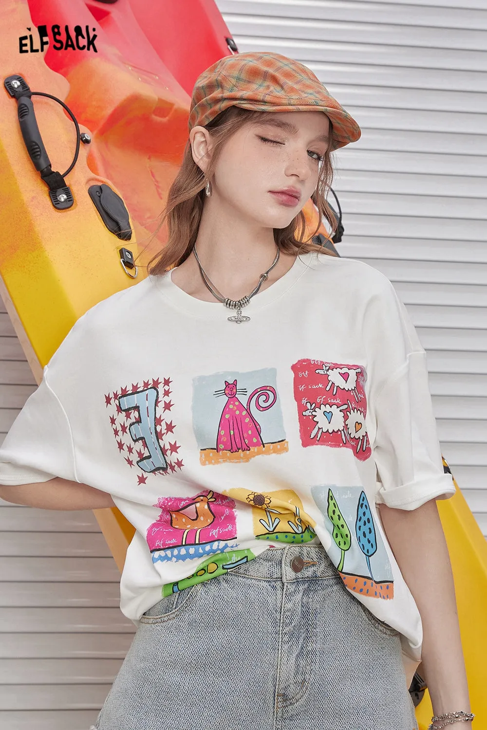 ELFSACK 2024 Summer New Arrivals White nine-square print cute casual versatile loose short-sleeved T-shirt for women