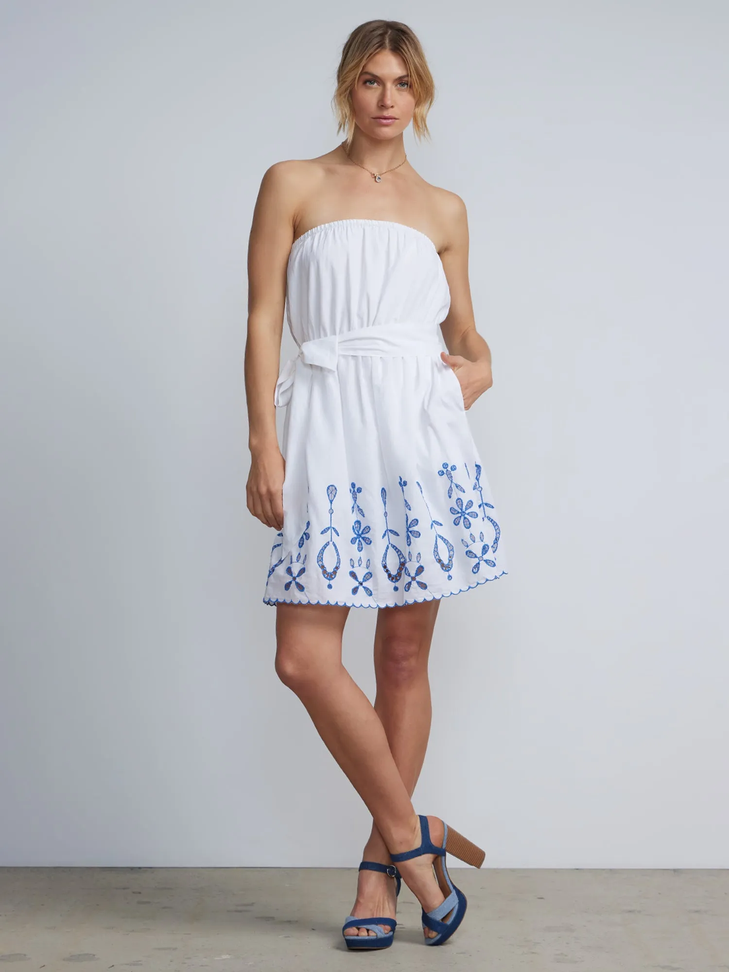 Embroidered Strapless Flounce Dress