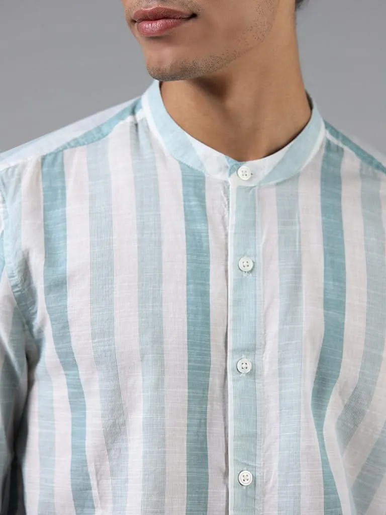 ETA Teal Striped Printed Cotton Resort-Fit Shirt