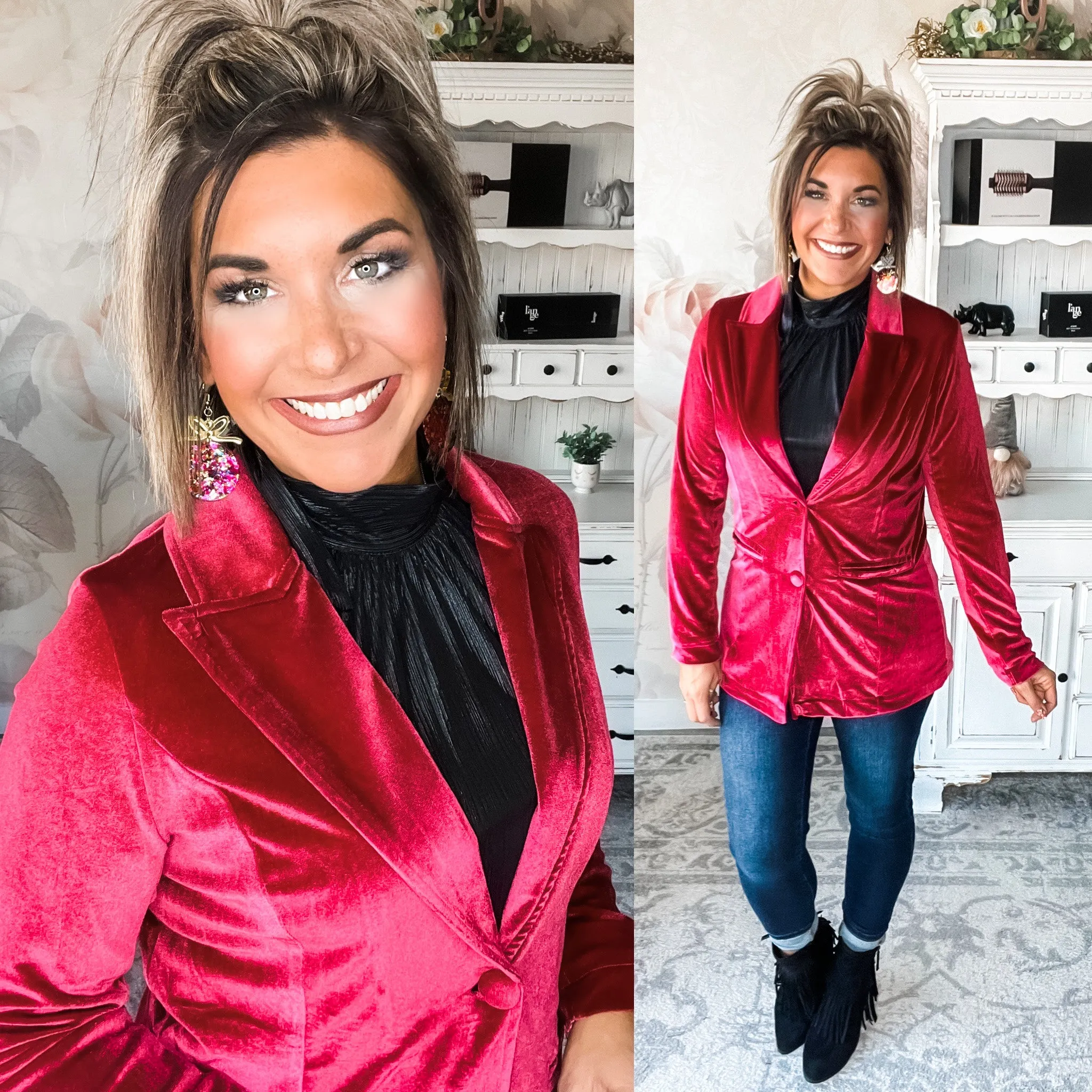 Everything We Knew Velvet Blazer - Red Wine