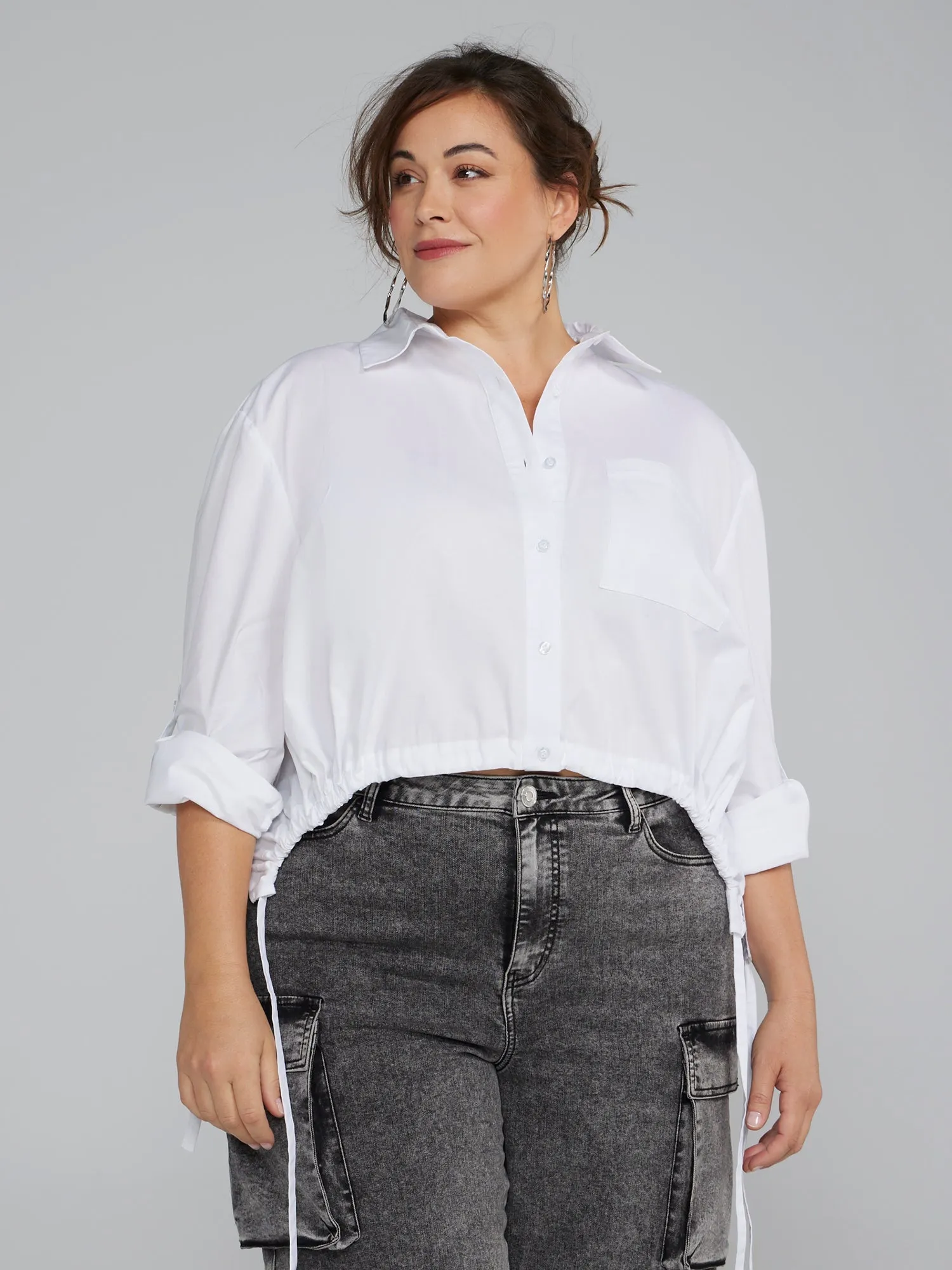 Fashion To Figure - Button-Down Shirt with Curved Drawstring Hem