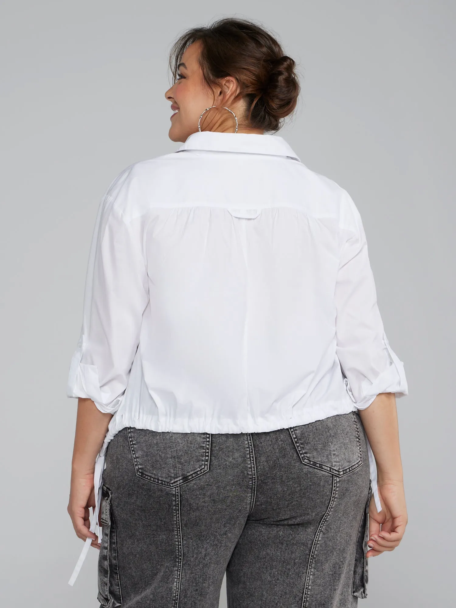 Fashion To Figure - Button-Down Shirt with Curved Drawstring Hem