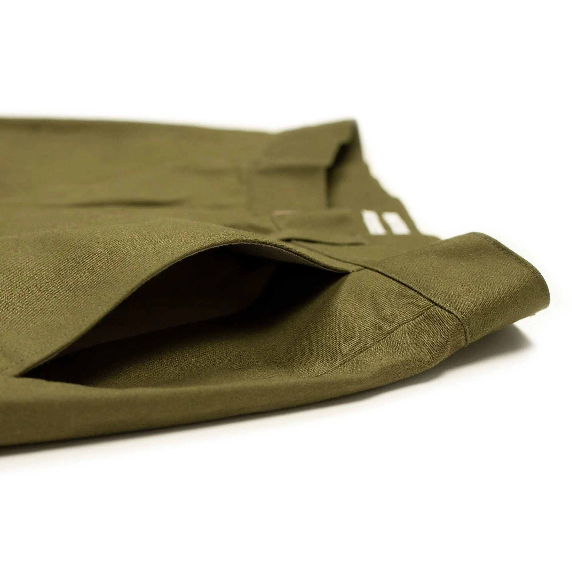 Flat front chinos in olive crisp high density cotton