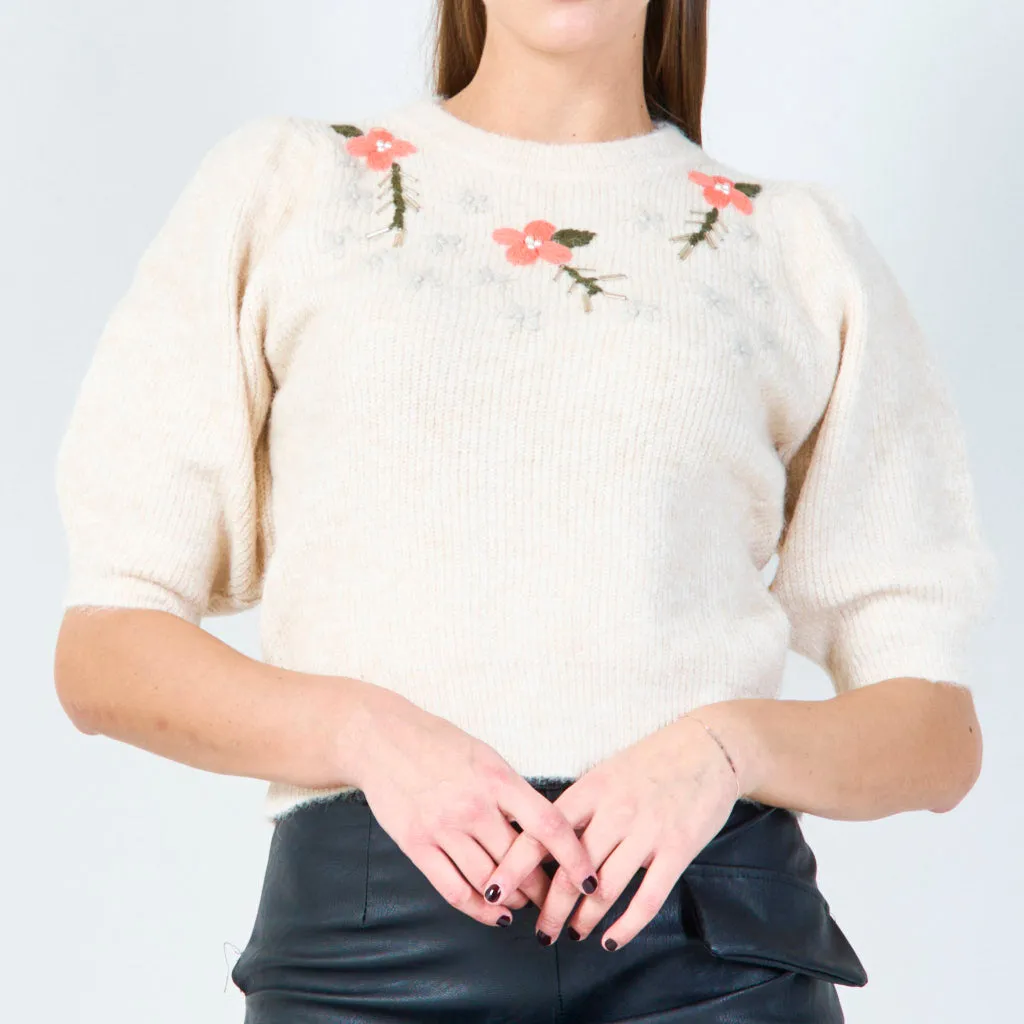 Floral embroidered puff sleeve sweater wholesale