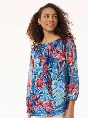 Floral Smocked High Neckline Blouse