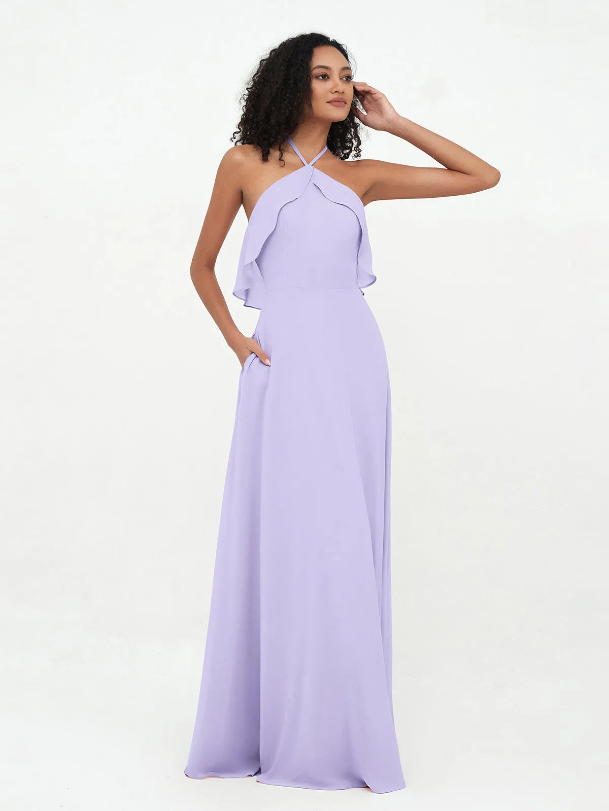 Halter Strap Chiffon Long Bridesmaid Dresses Lilac