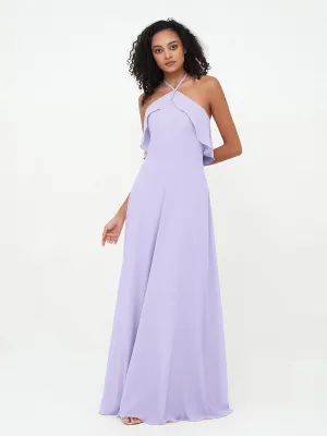 Halter Strap Chiffon Long Bridesmaid Dresses Lilac