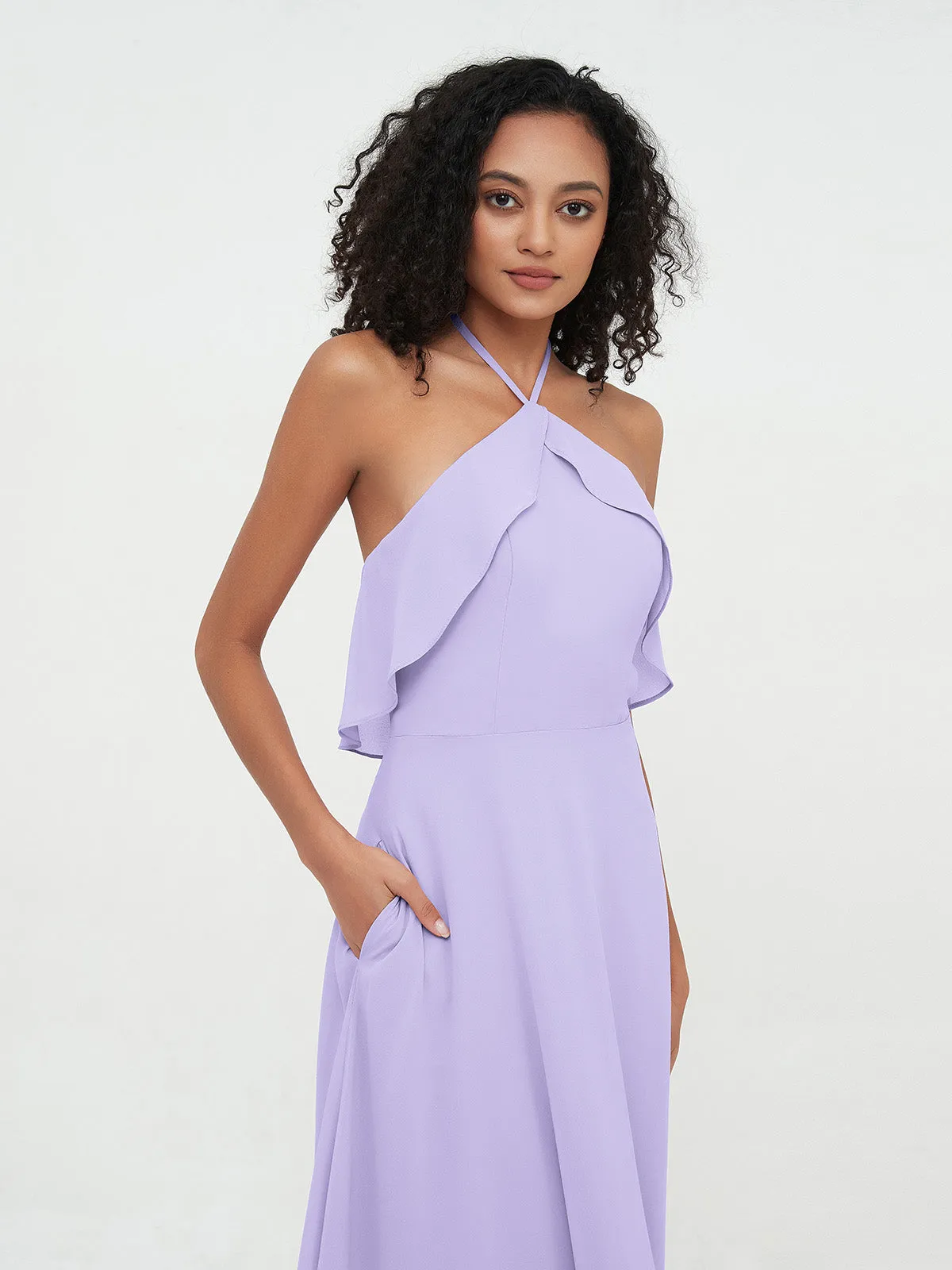 Halter Strap Chiffon Long Bridesmaid Dresses Lilac