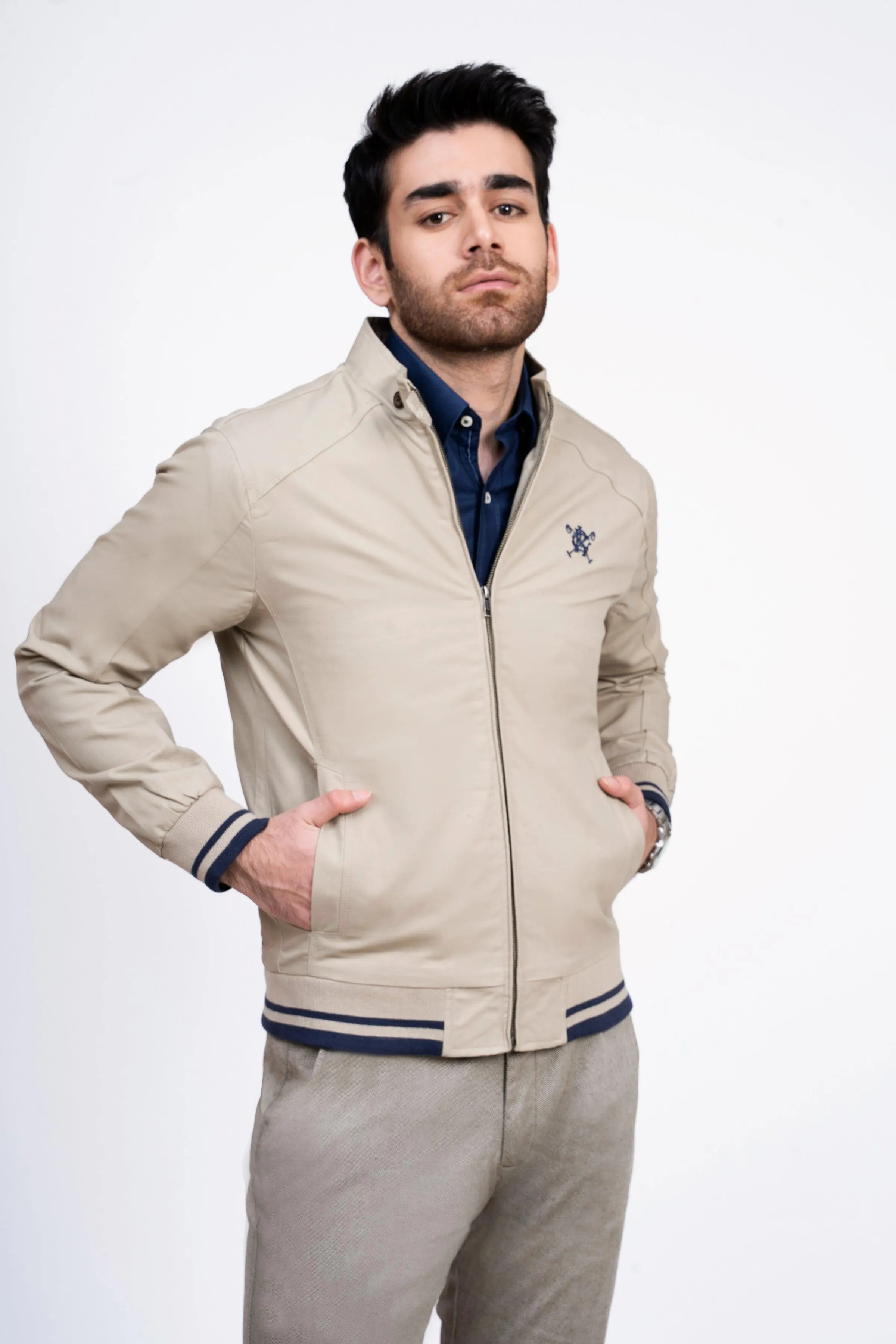 JACKET TIPPING BAN COLLAR LIGHT KHAKI