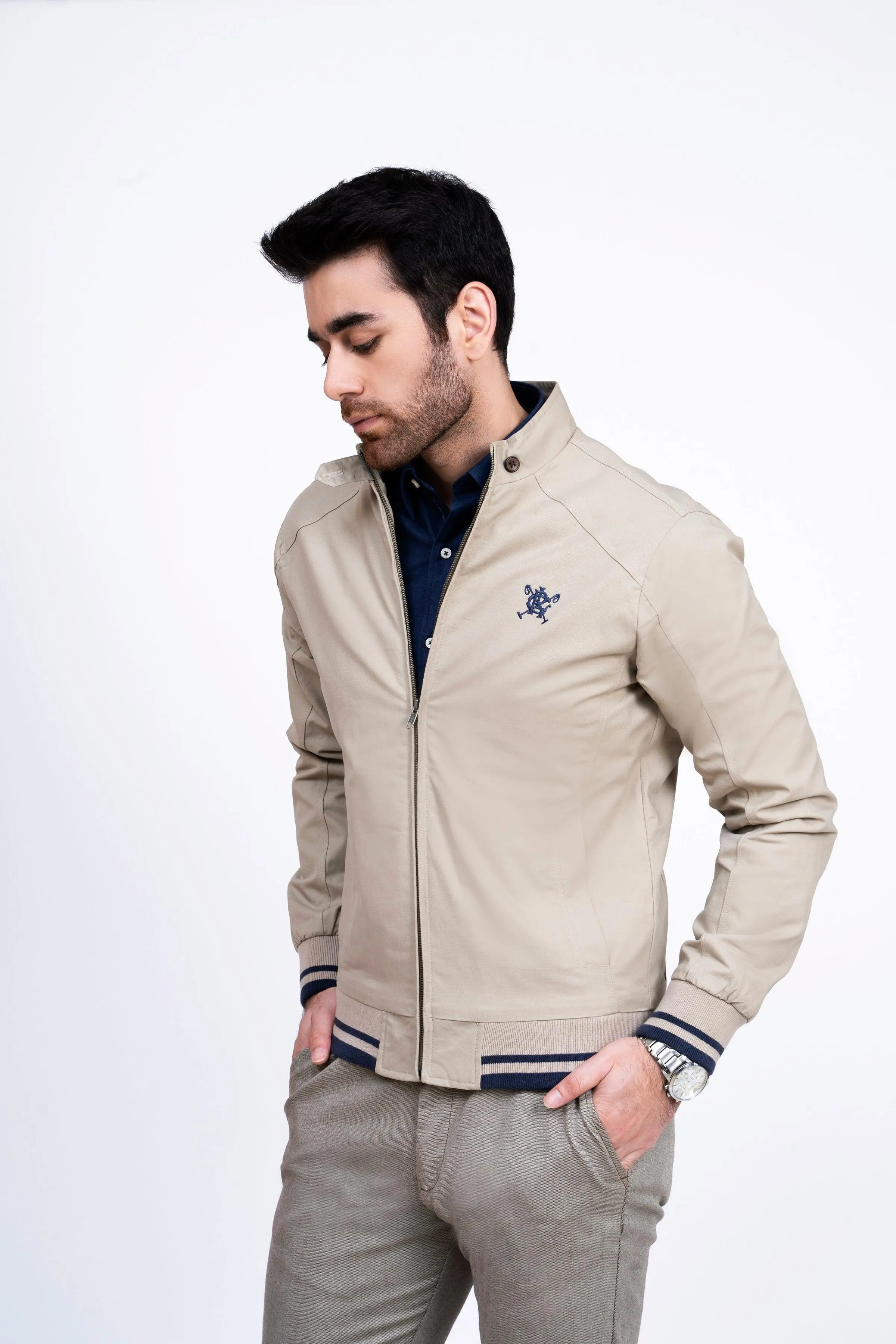 JACKET TIPPING BAN COLLAR LIGHT KHAKI