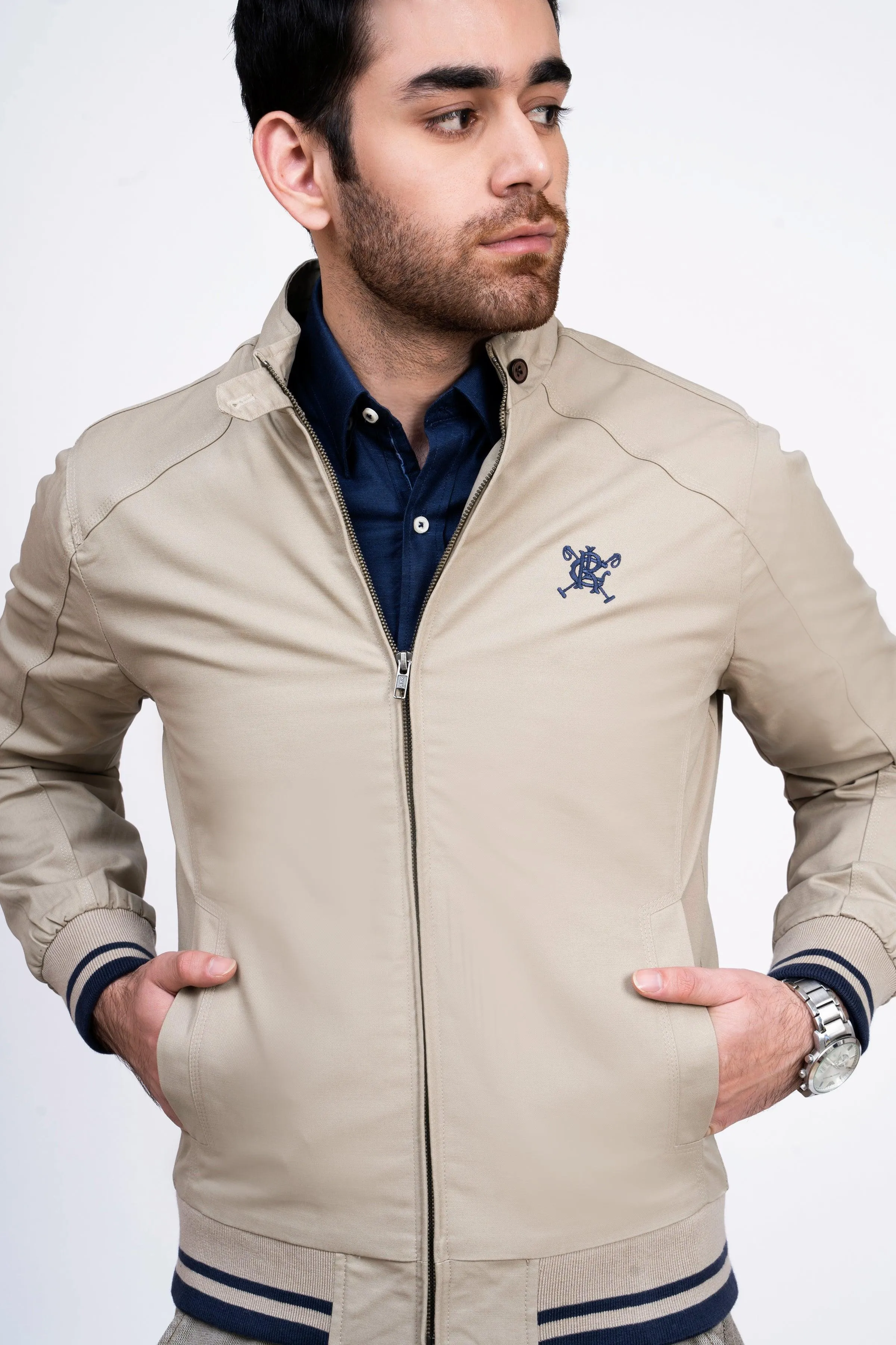 JACKET TIPPING BAN COLLAR LIGHT KHAKI