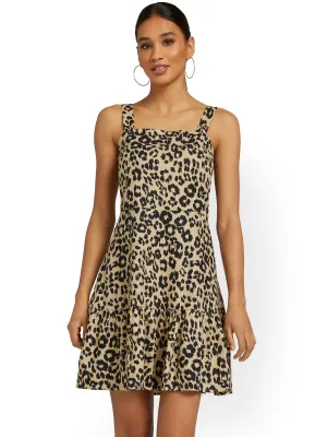 Linen-Blend Flare Dress - Leopard-Print