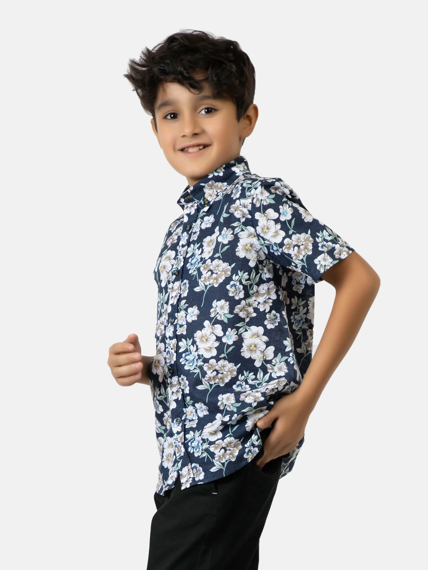 Navy Blue Floral Printed Half Sleeve Shirt