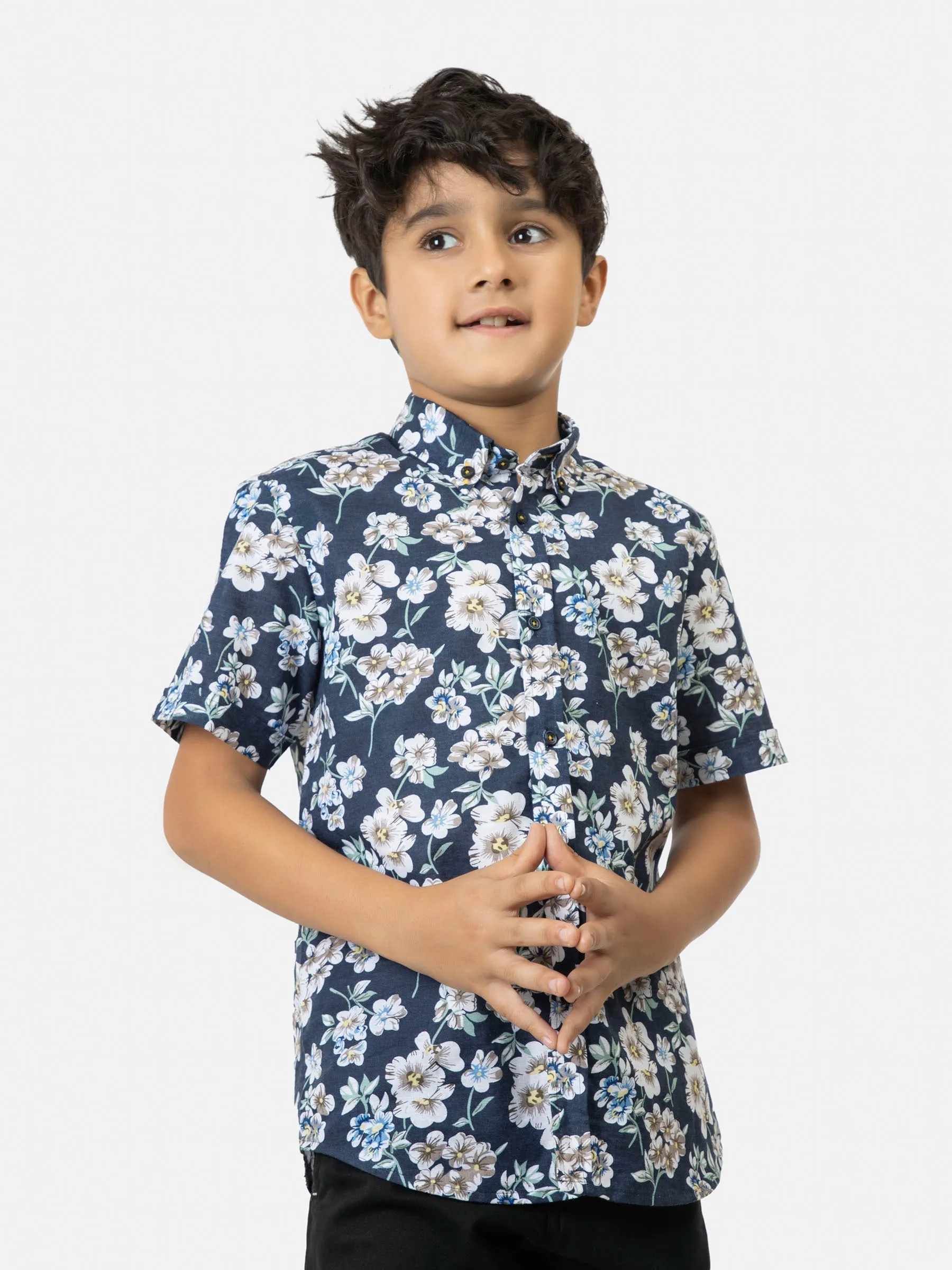 Navy Blue Floral Printed Half Sleeve Shirt