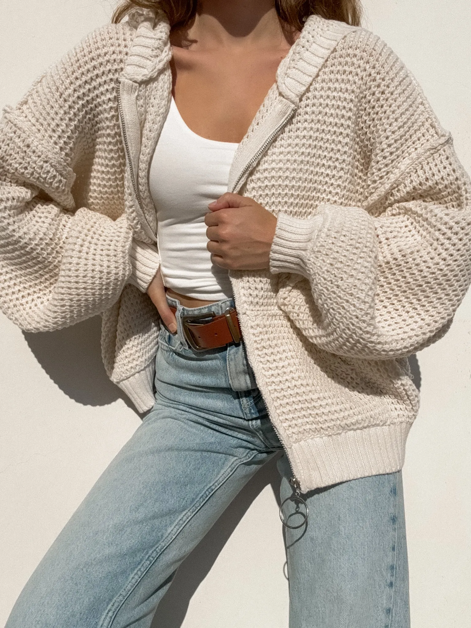 On The Go Knit Zip Up Sweater in Cream