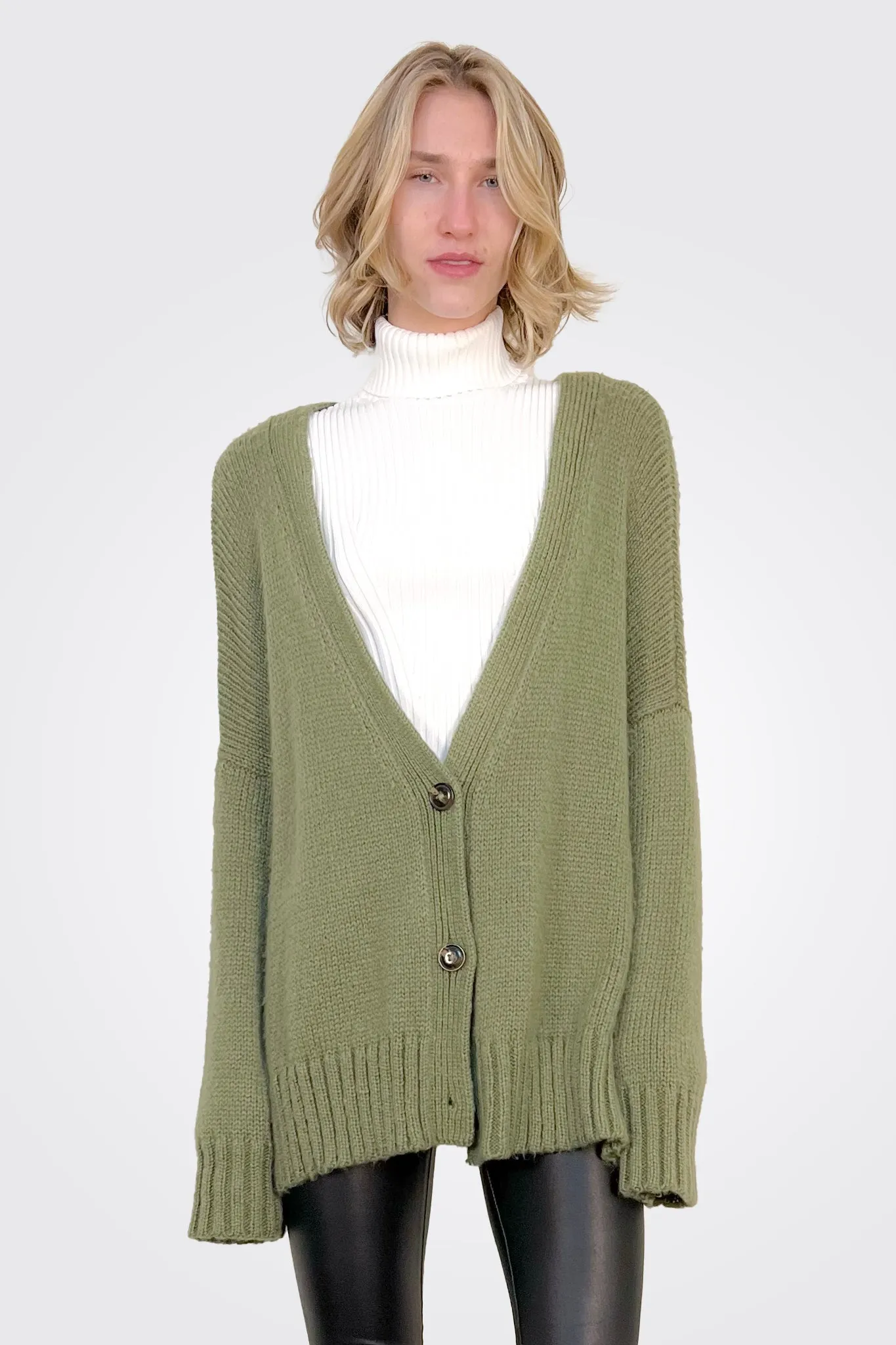 Oversized Low Neck Cardigan - Moss Olive