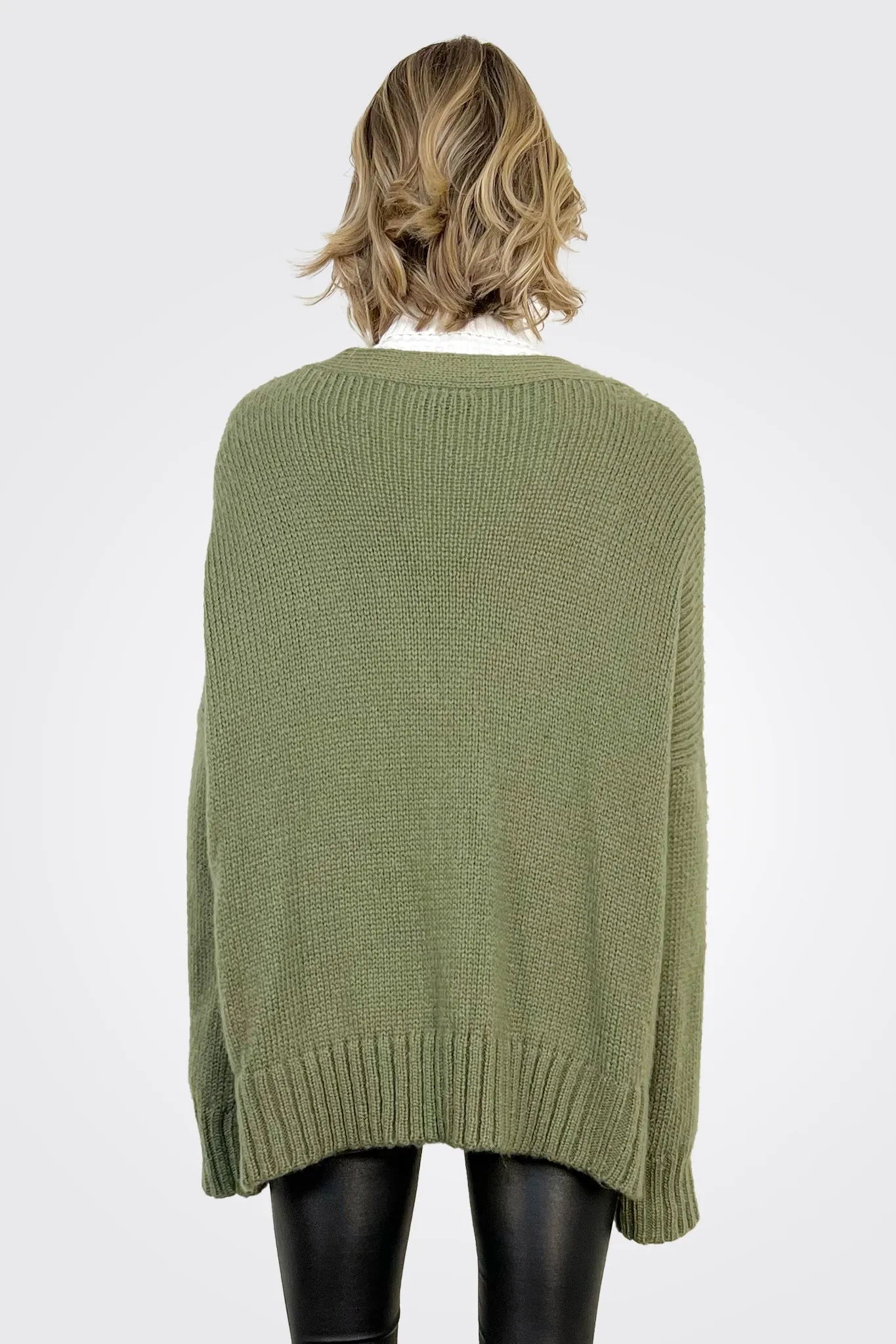 Oversized Low Neck Cardigan - Moss Olive