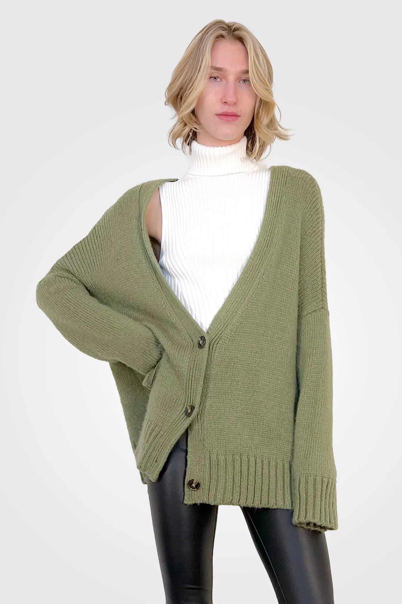 Oversized Low Neck Cardigan - Moss Olive