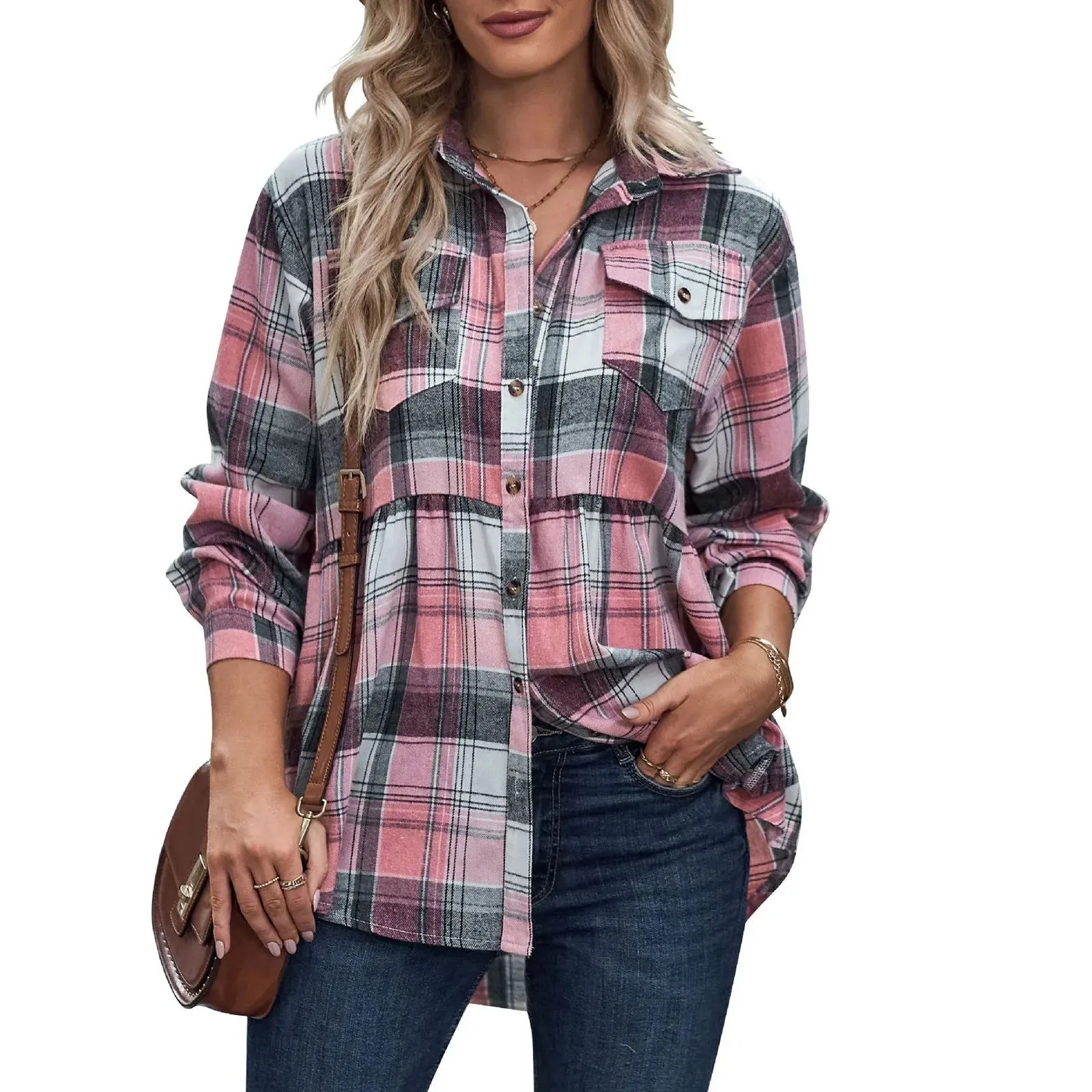 Plaid Long Sleeve Button Down Women's Blouse