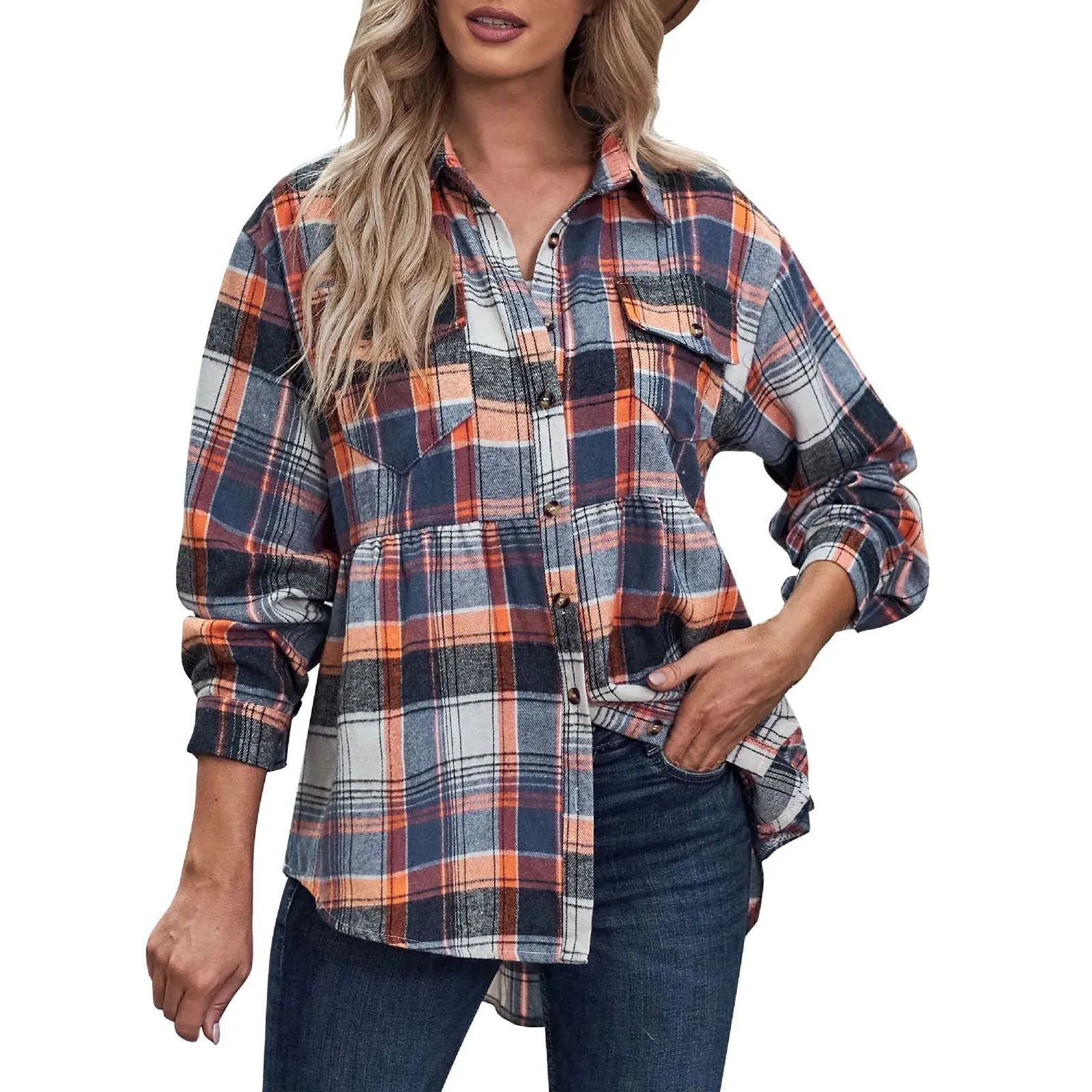 Plaid Long Sleeve Button Down Women's Blouse