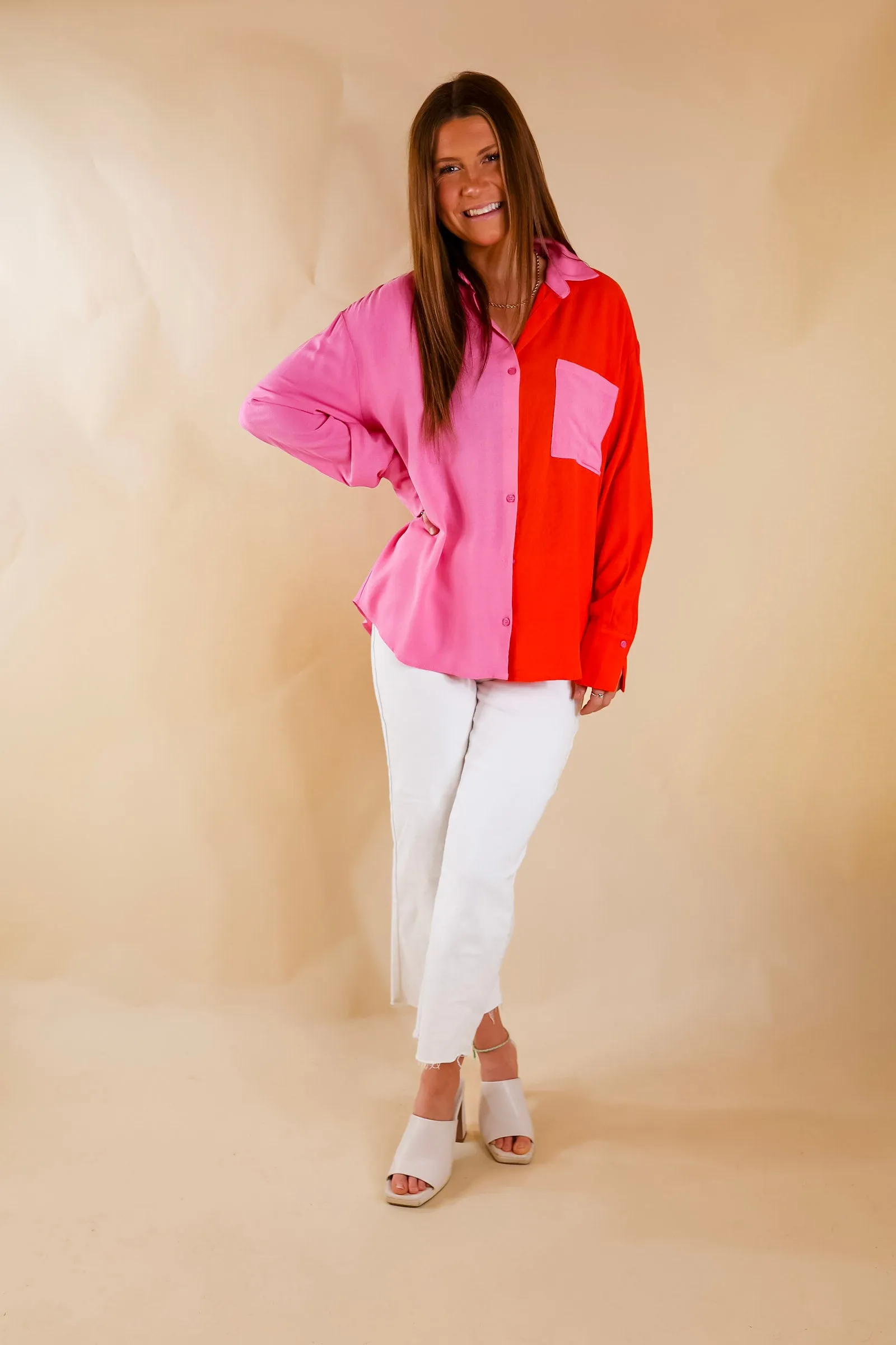 Play It Up Color Block Button Up Top in Pink and Red