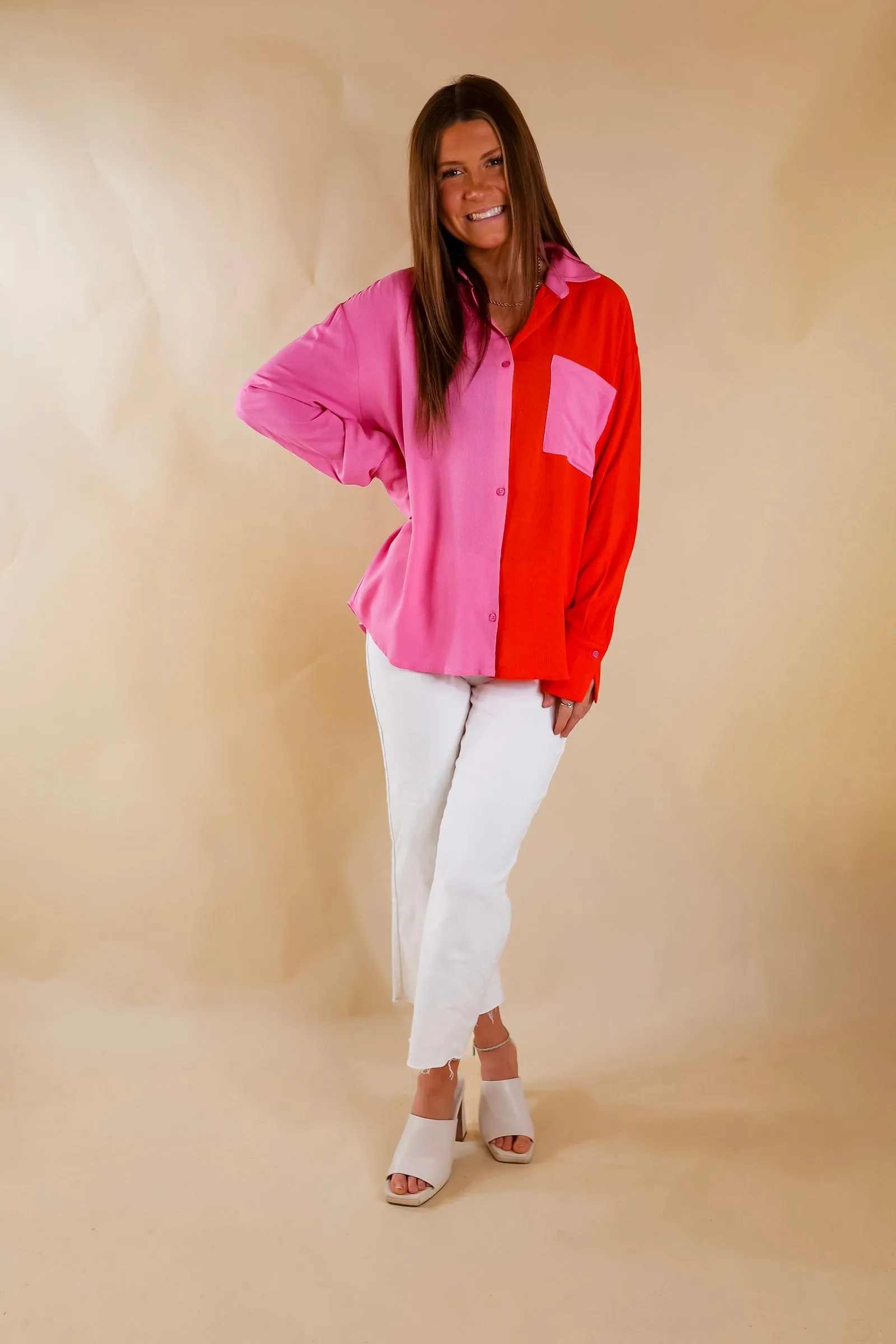 Play It Up Color Block Button Up Top in Pink and Red