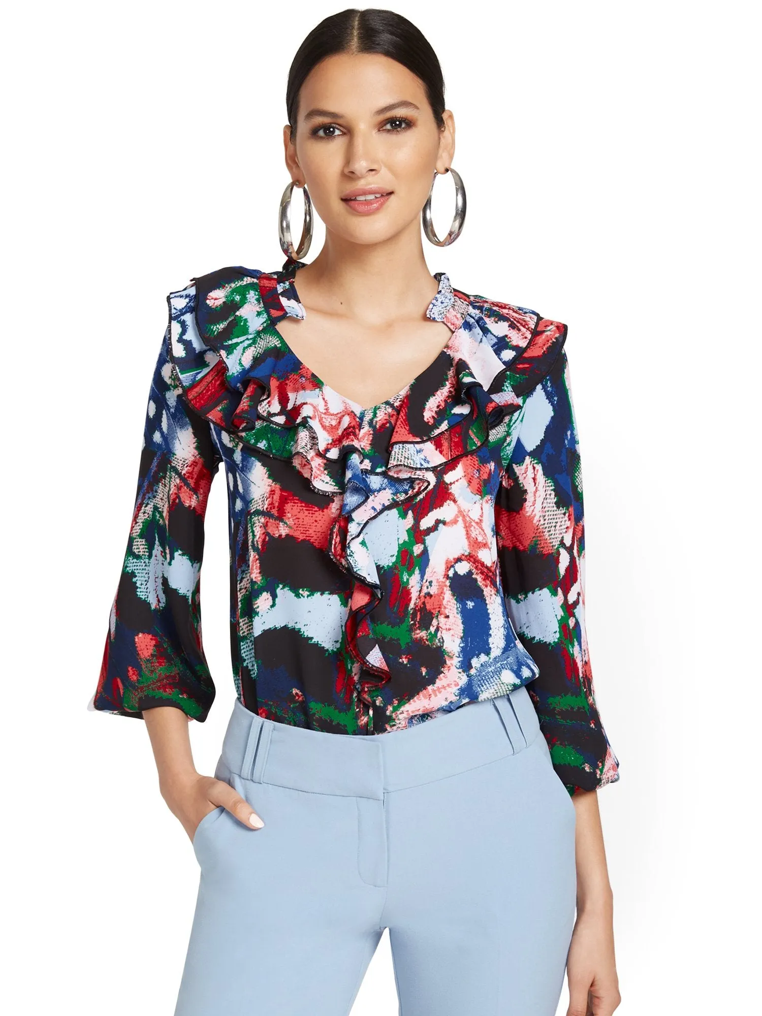 Printed Ruffle-Front Blouse