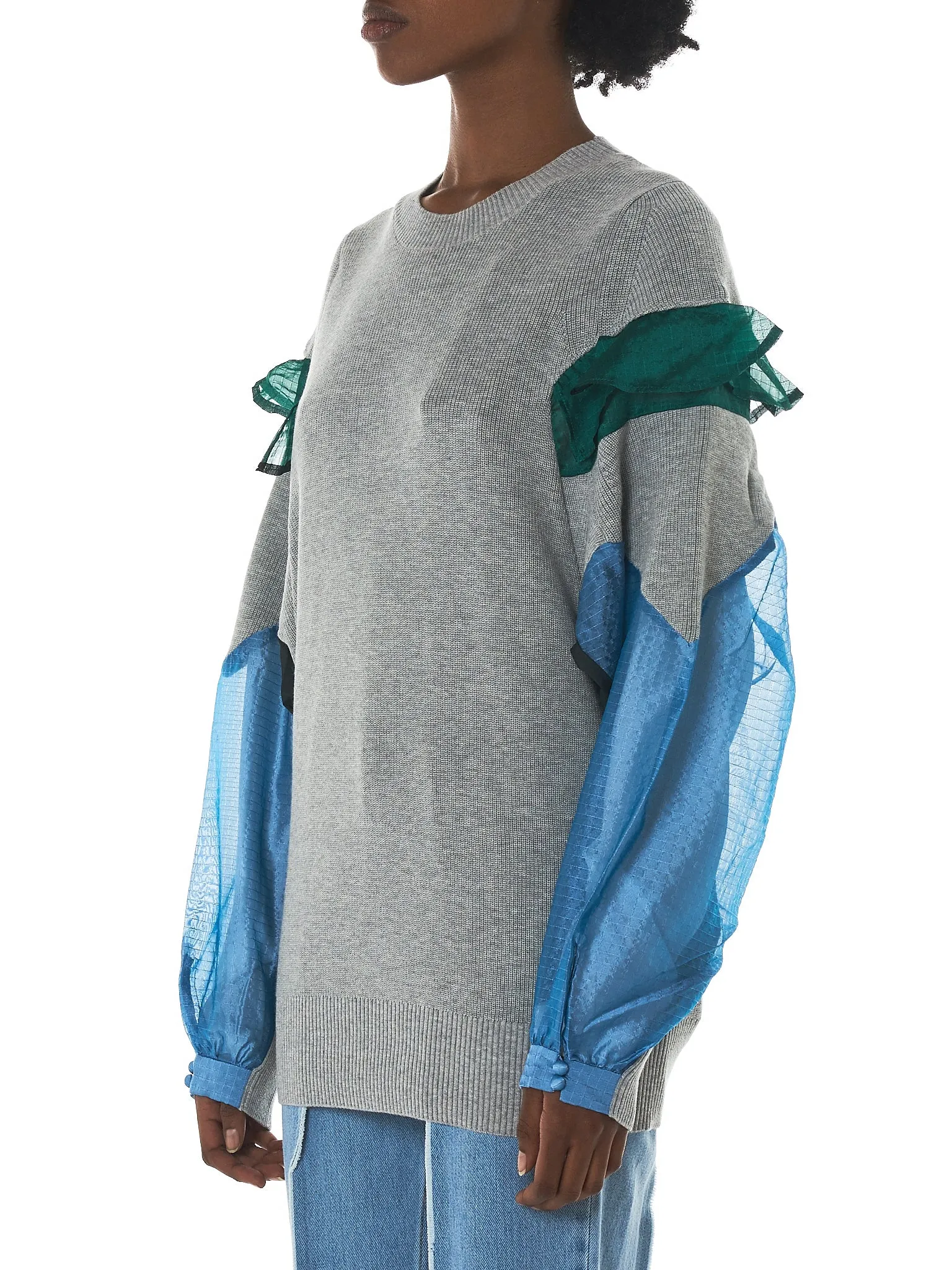 Ruffled Panel Crewneck Pullover (18-03804-LGRAY-GREEN-LBLUE)