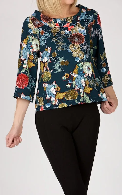 Simone A-line Top, teal floral