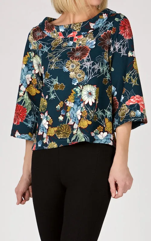 Simone A-line Top, teal floral