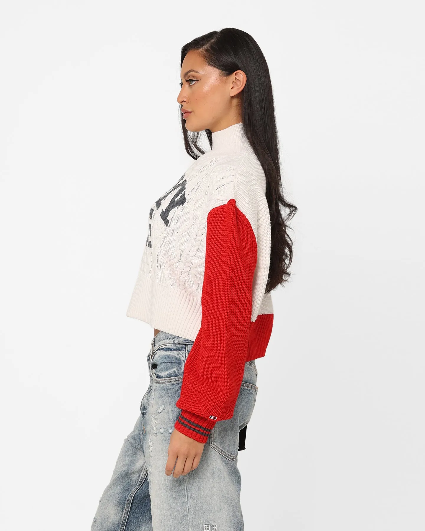 Tommy Jeans Women's Colour-Blocked Cropped Cable Sweater Ancient White/Multi